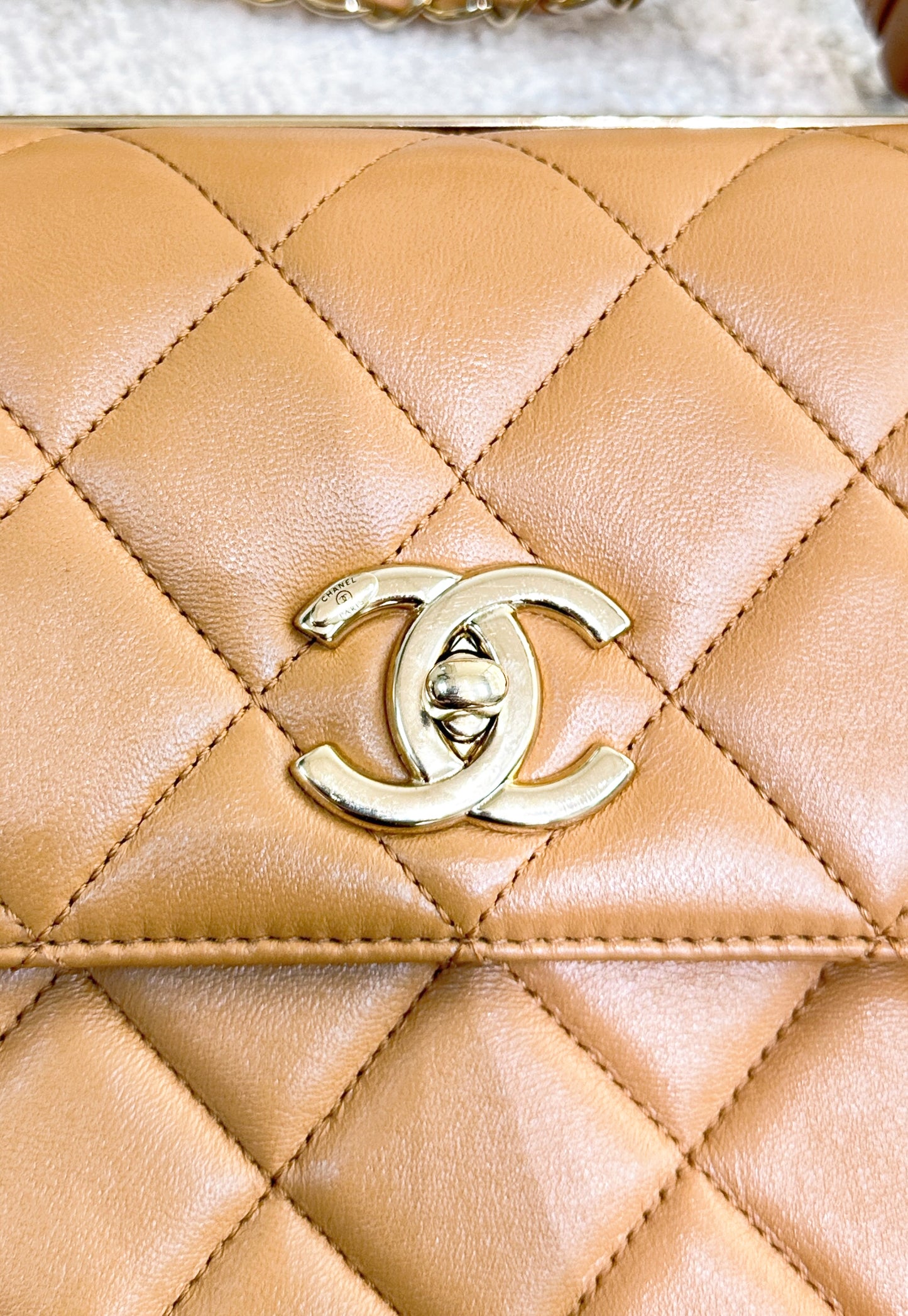 CHANEL Lambskin Quilted Small Trendy CC Flap Dual Handle Bag Camel 19K