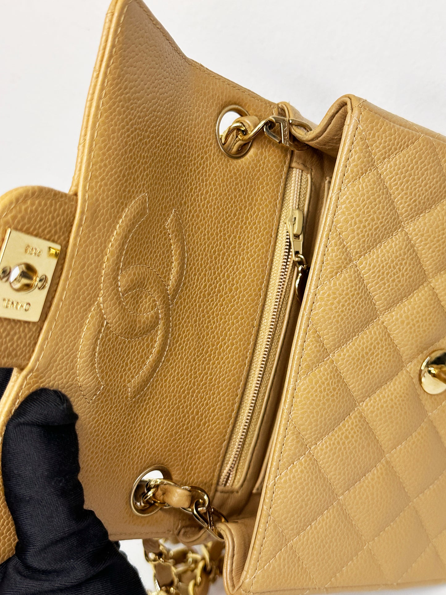 Chanel 24K Gold Mini Square Caviar Classic Flap Chain Shoulder Bag Beige GHW 84 holo card