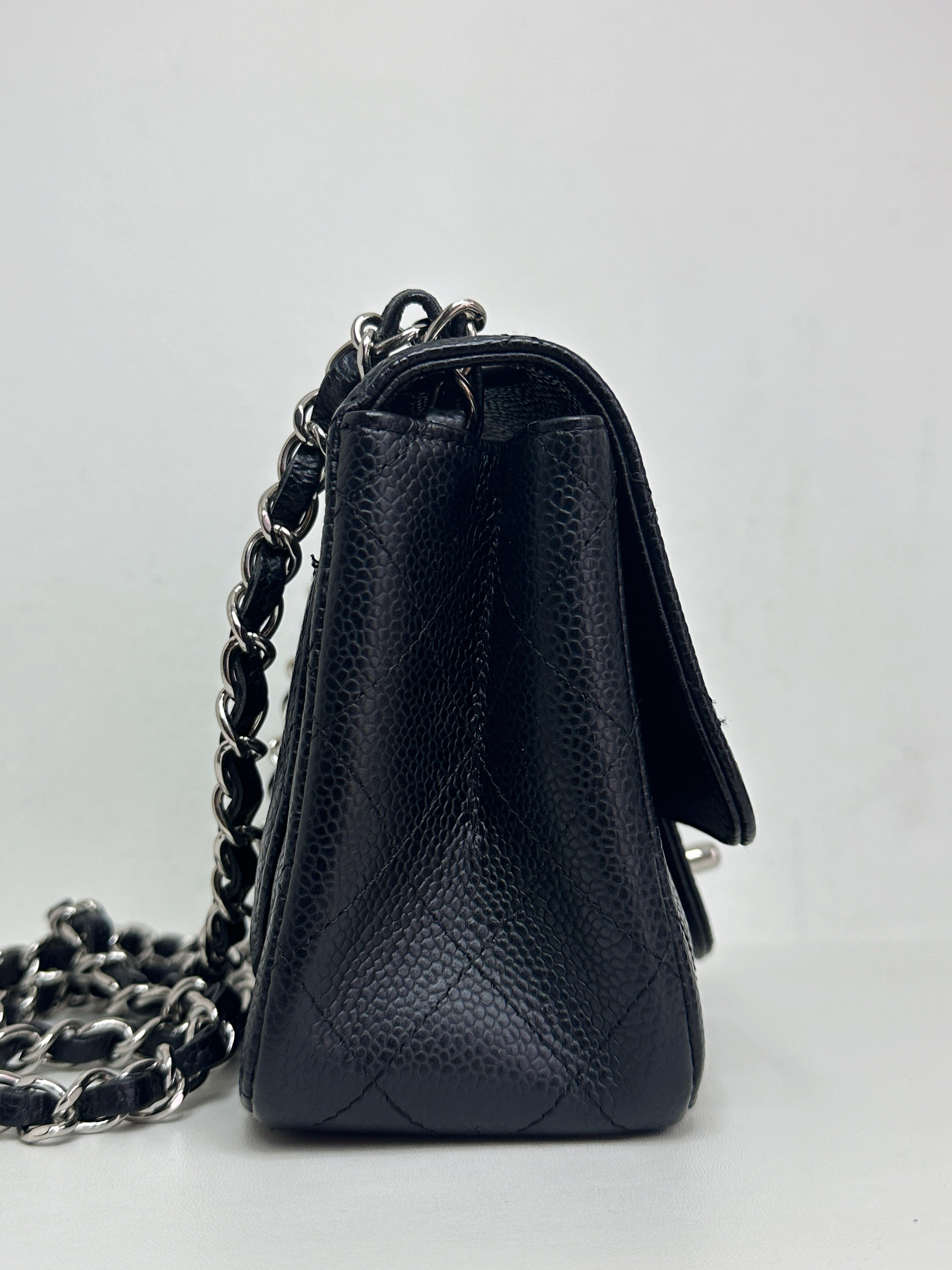 Chanel Mini Square Classic Quilted Caviar Single Flap Bag Black SHW 1184 holo card