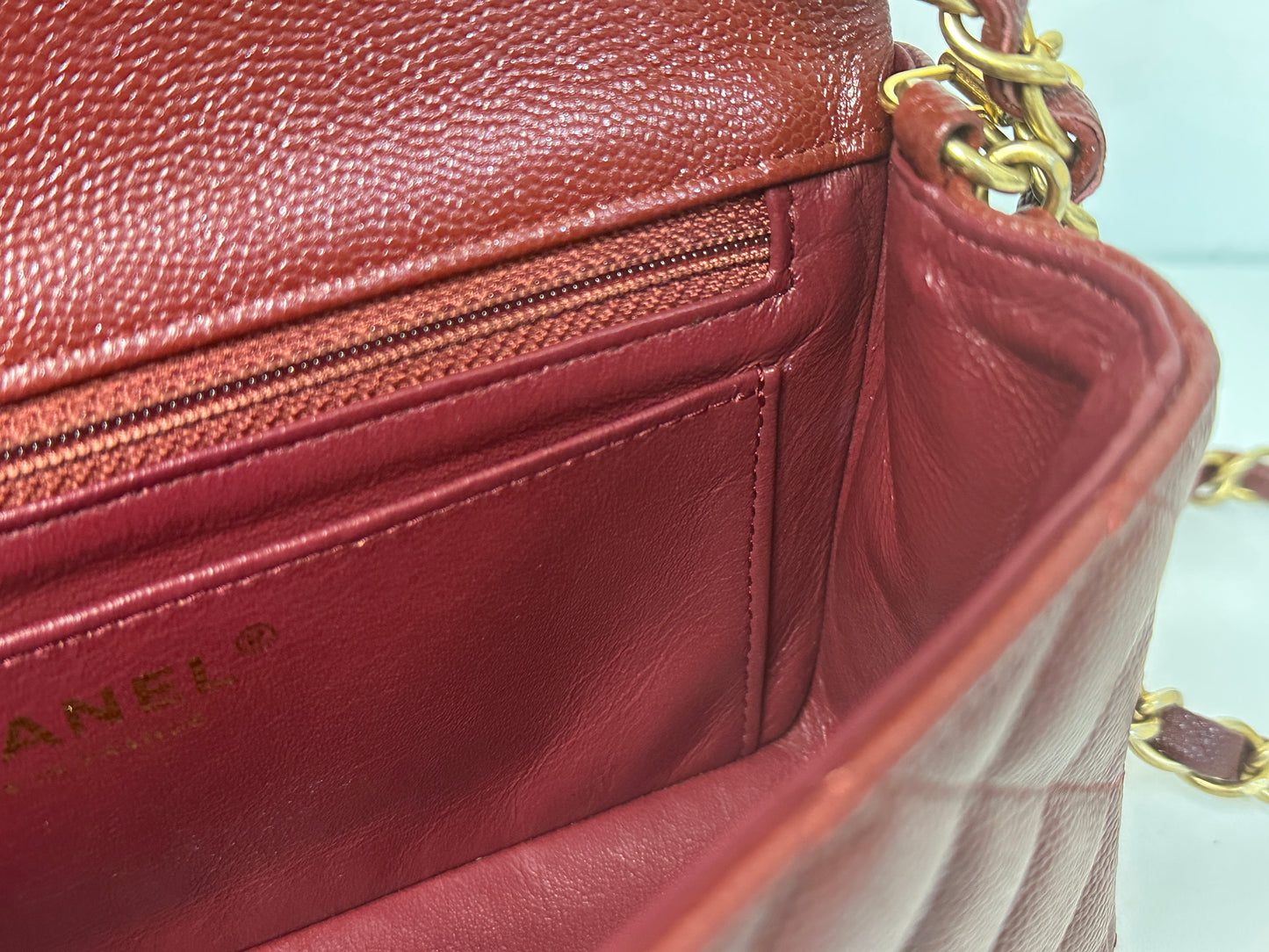 Chanel Classic Quilted Mini Rectangular Flap Iridescent Burgundy Caviar Aged Gold Hardware 18C