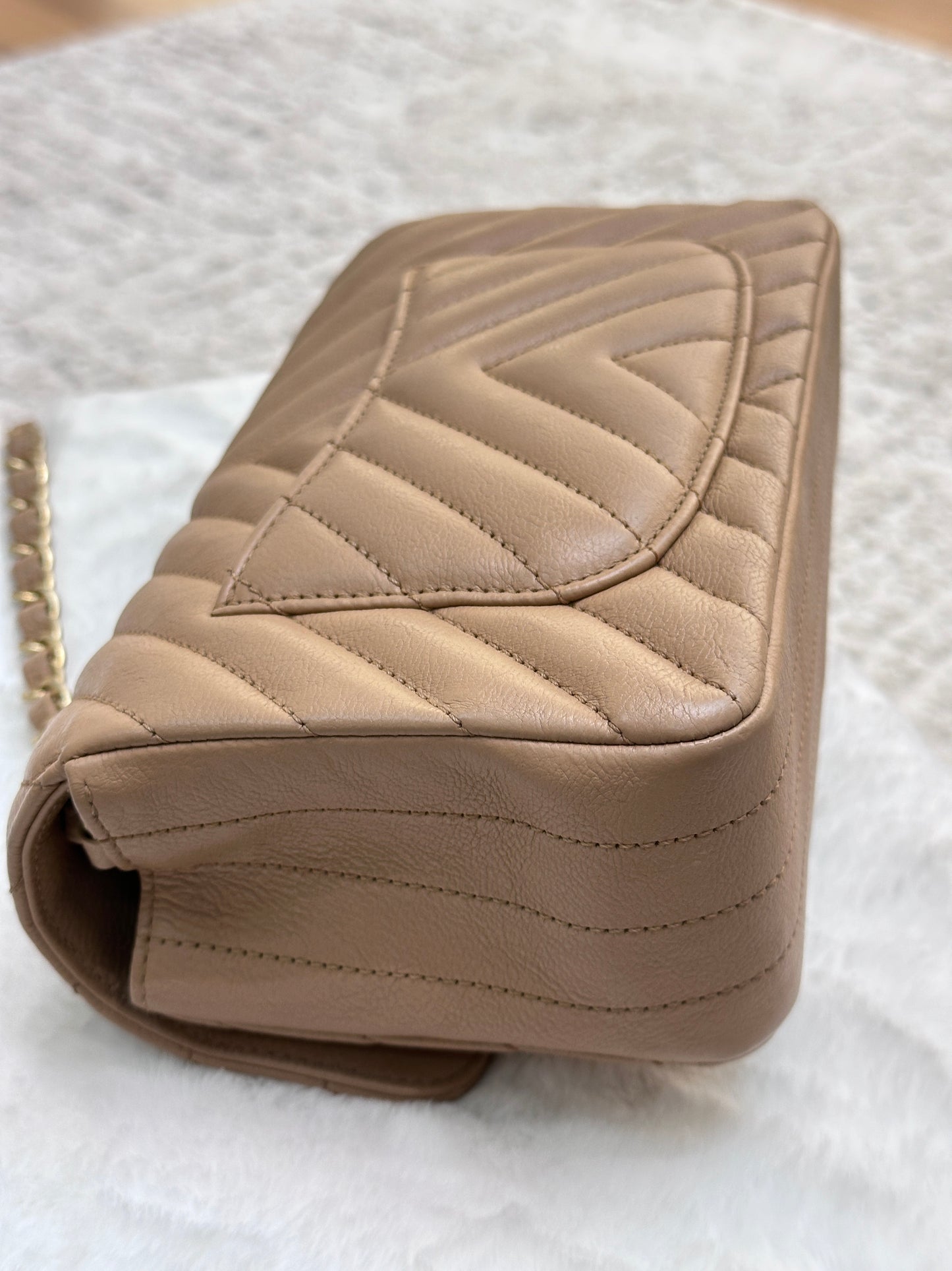 Chanel Mini Rectangular Calfskin Chevron Quilted Flap Dark Beige