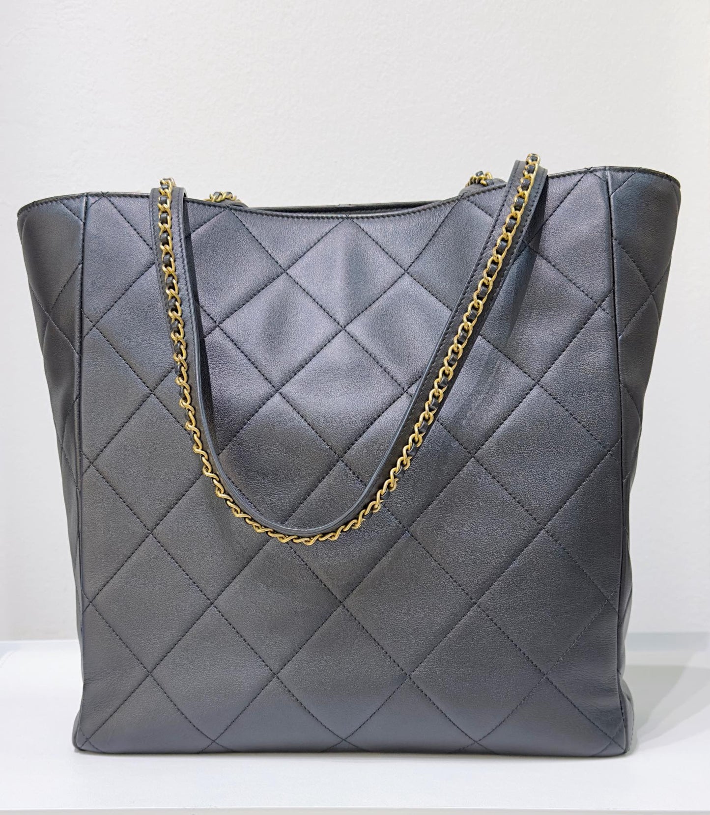 Chanel Calfskin Quilted Chain Shopping Tote Black