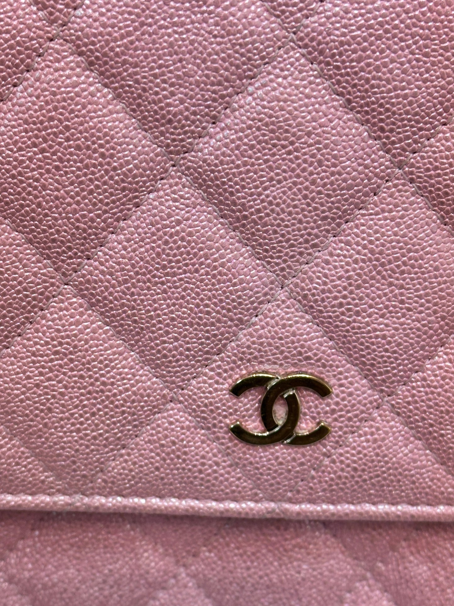 Chanel Square Wallet on Chain WOC Iridescent Pink Caviar Light Gold Hardware