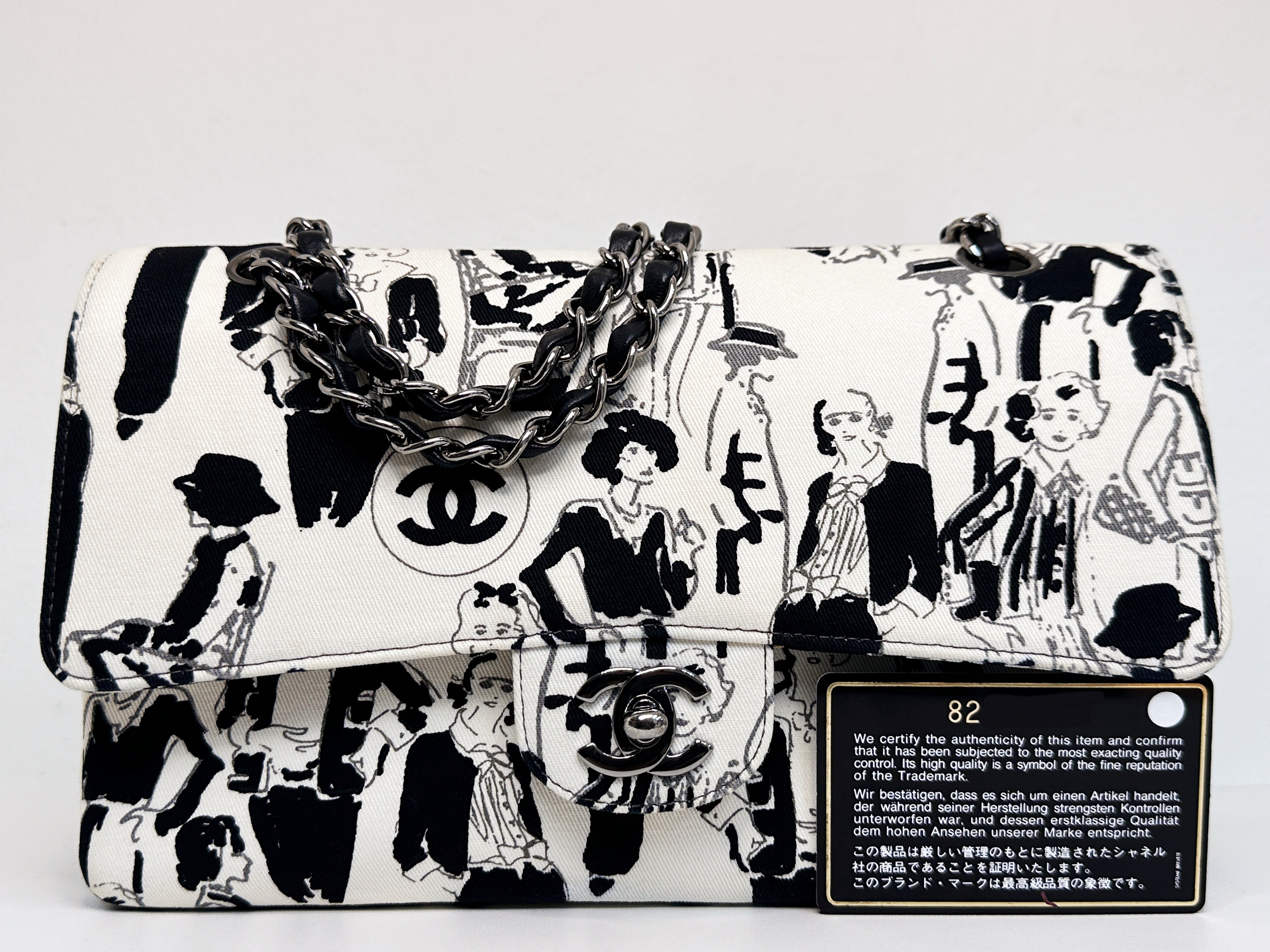 Chanel Canvas Coco Icons Medium Double Flap Bag Black White 827 holo card