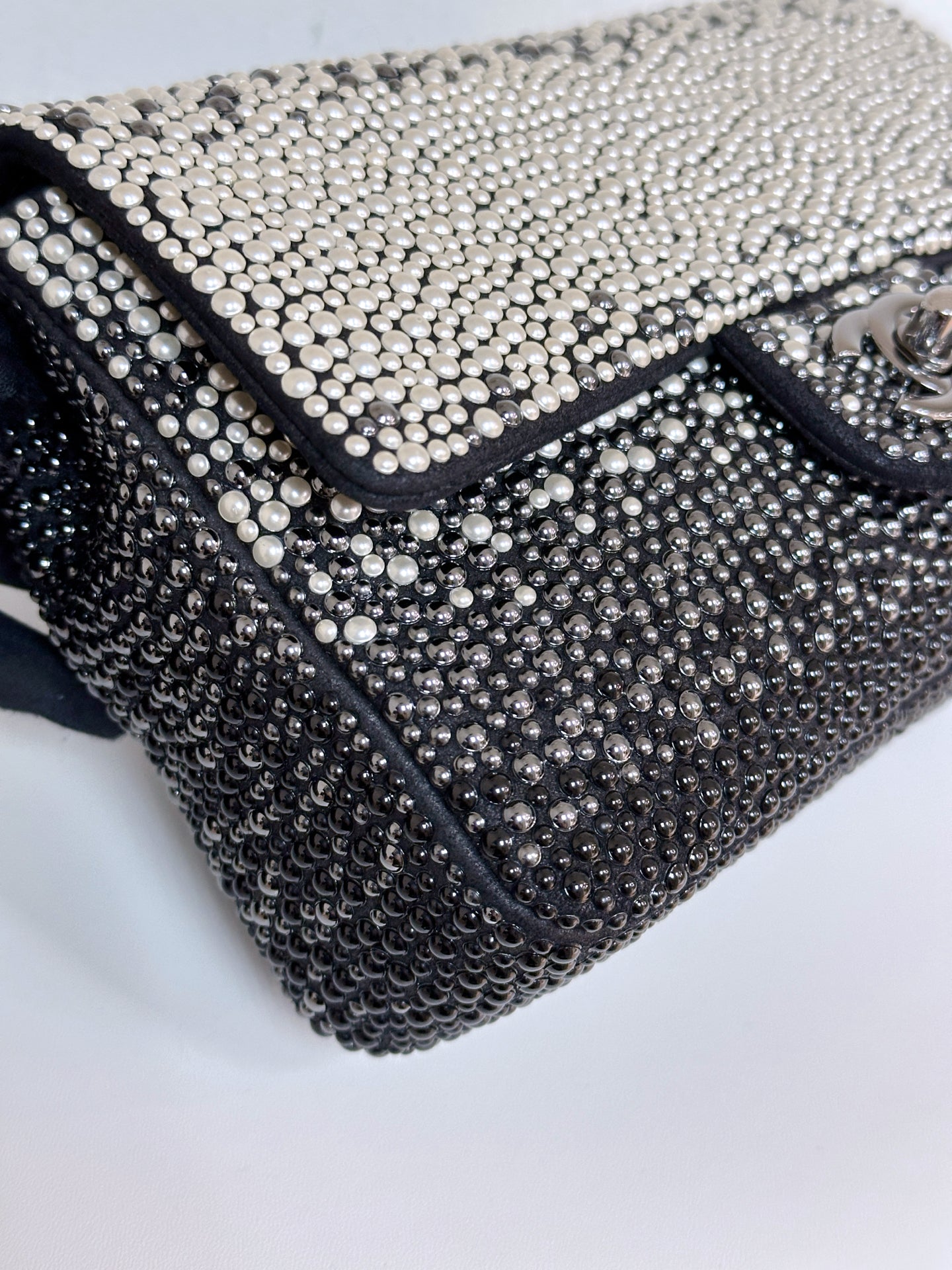 White, Grey and Black Imitation Pearls and Beads and Calfskin Embellished CC MiniClassic Single Flap Ruthenium Hardware, 2014