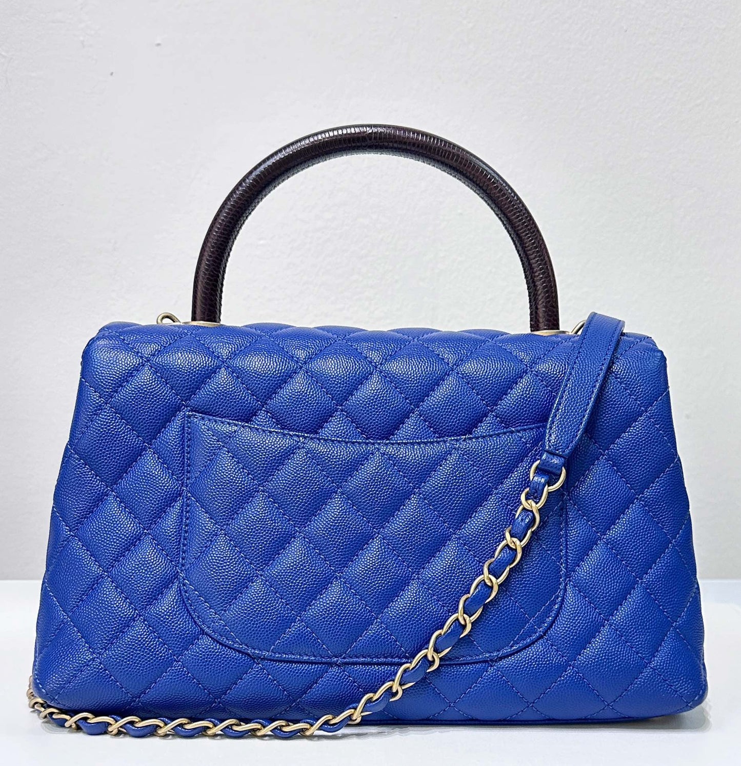 Chanel Medium Caviar Lizard Embossed Quilted Coco Handle Flap Dark Blue