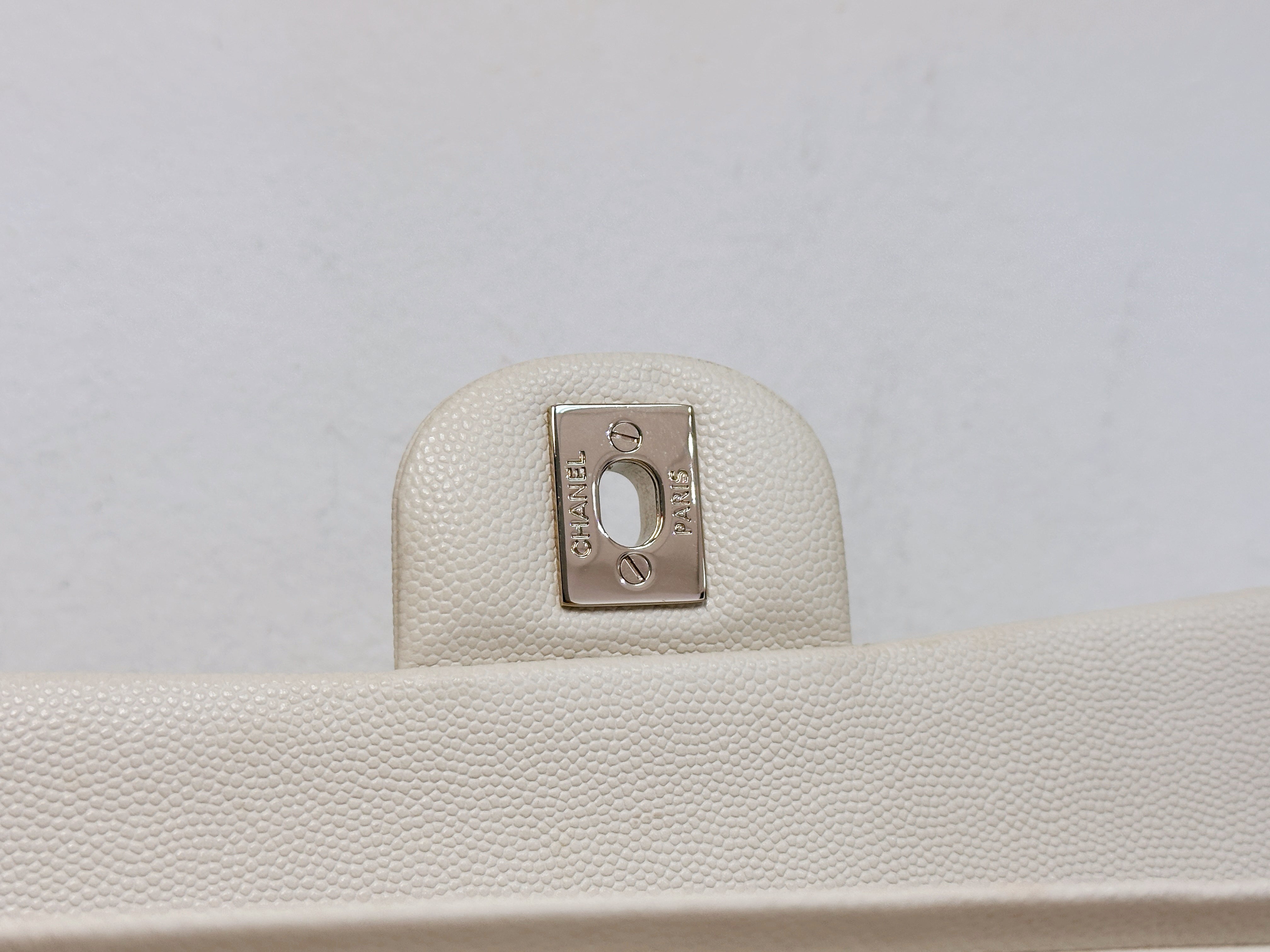 Chanel Medium Caviar Classic Quilted Double Flap White Light Beige Bag LGHW L45J microchip