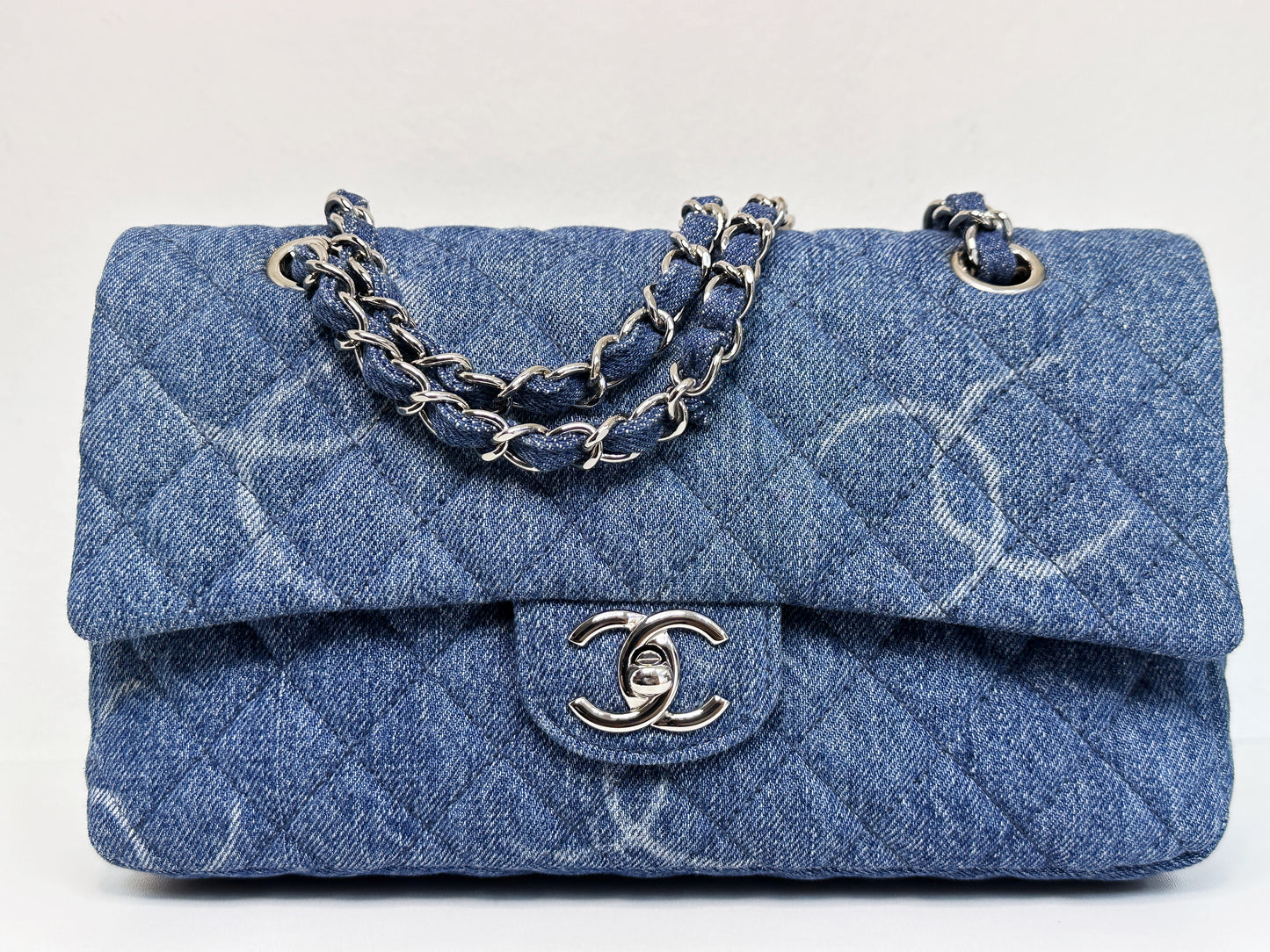 Chanel 20B Medium Blue Denim Quilted CC Single Flap SHW 3045 holo card