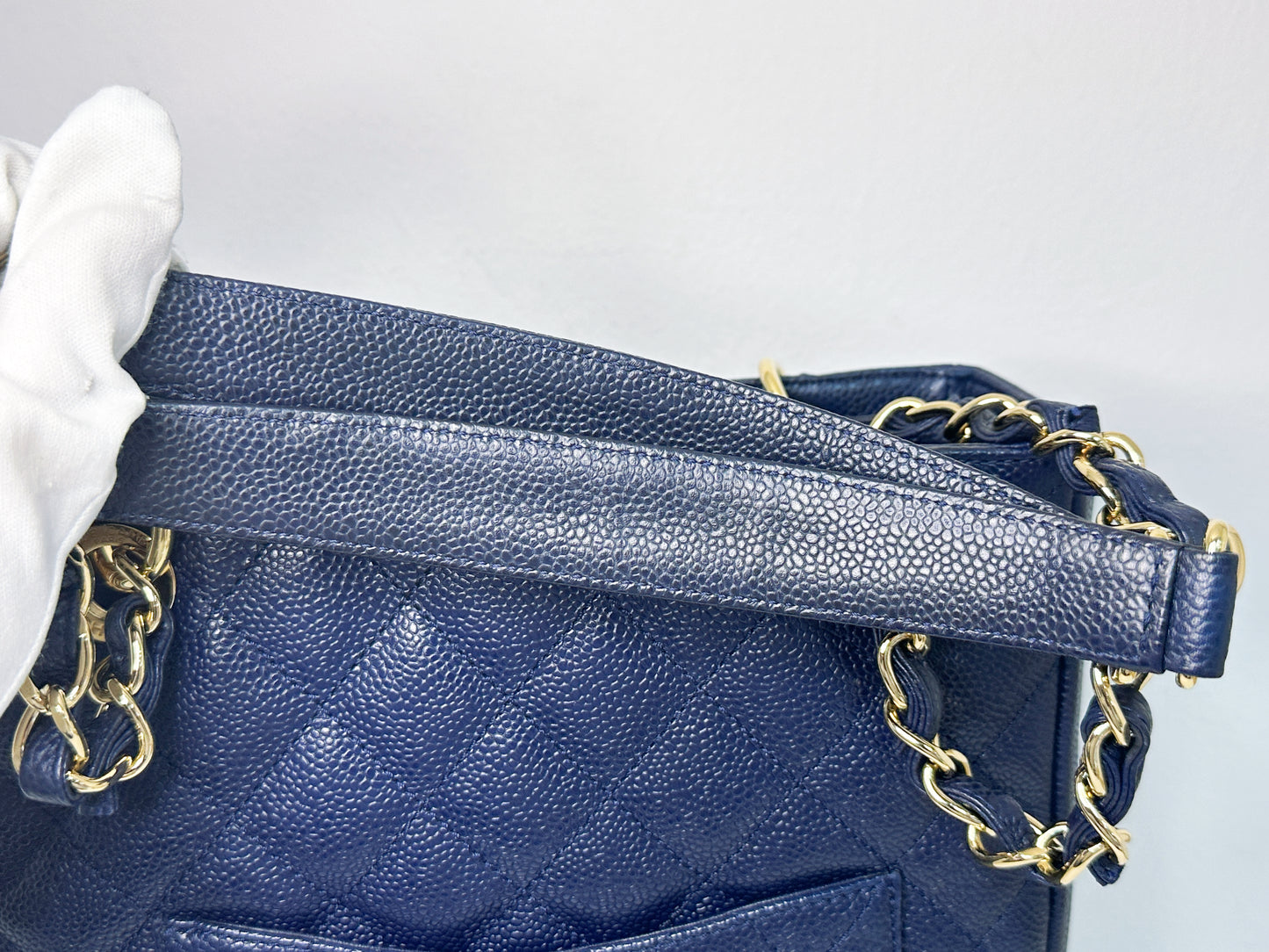 Chanel Caviar Quilted Petit Shopping Tote PST Navy Blue 1898 holo card