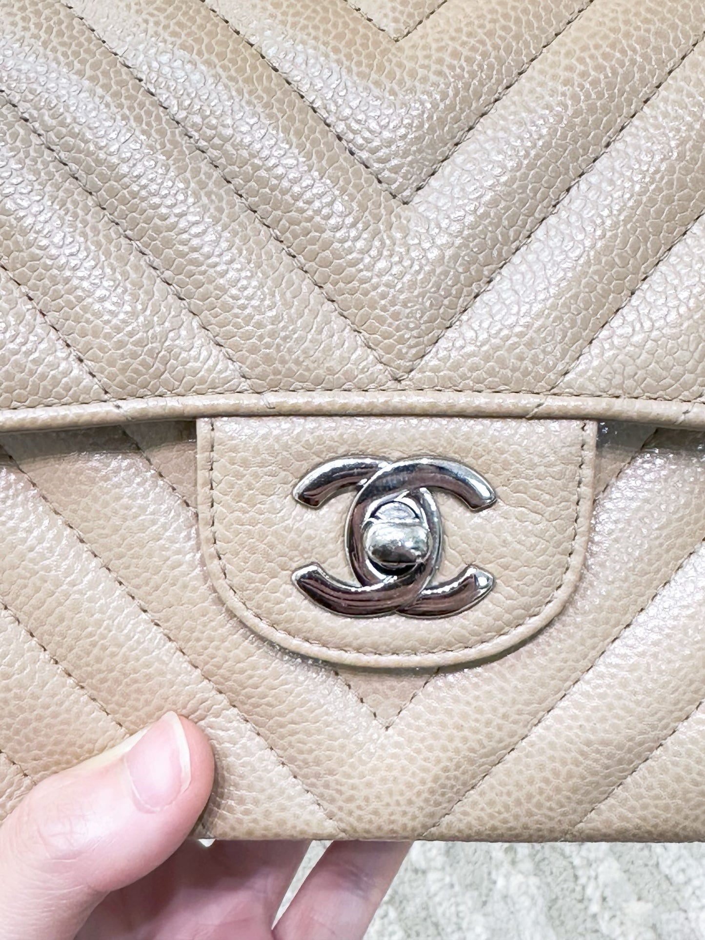 Chanel 19C Beige  Small Grained Calfskin &Sliver Timeless Classic Chevron