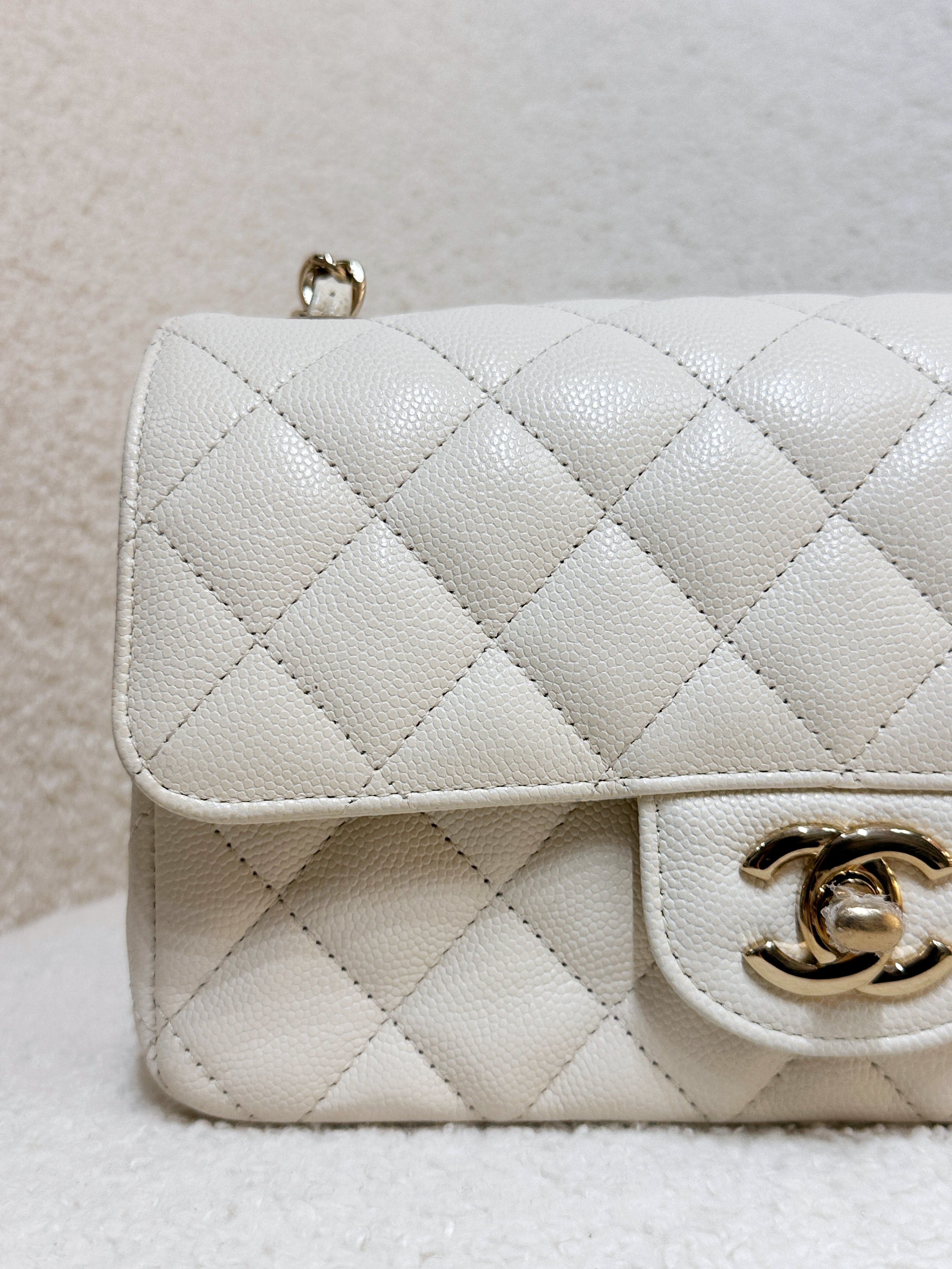 Chanel Mini Rectangular Classic Quilted Caviar Ivory 17C GHW 2383 holo card