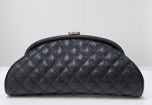 Chanel Quilted Timeless Kisslock Clutch Black Caviar SHW