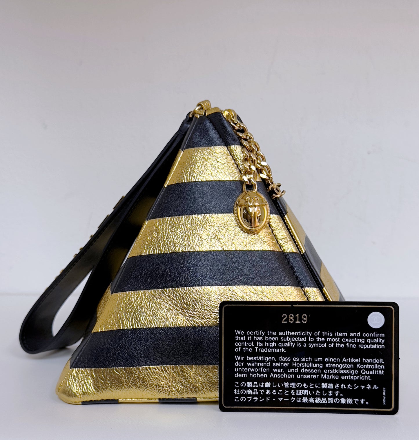 Chanel Metallic Lambskin CC Kheops Pyramid Bag Gold Black 2819 holo card