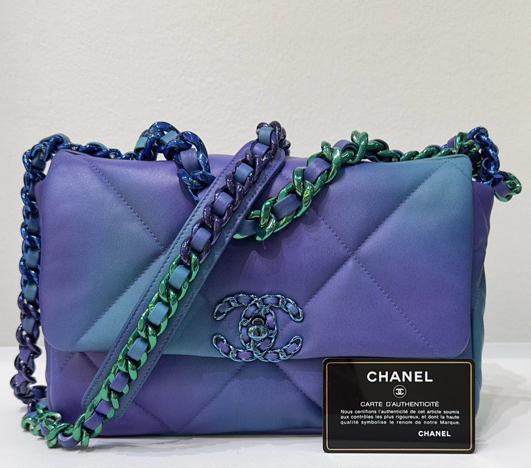 Chanel Medium Quilted 19 Flap Calfskin Tie Dye Blue Purple