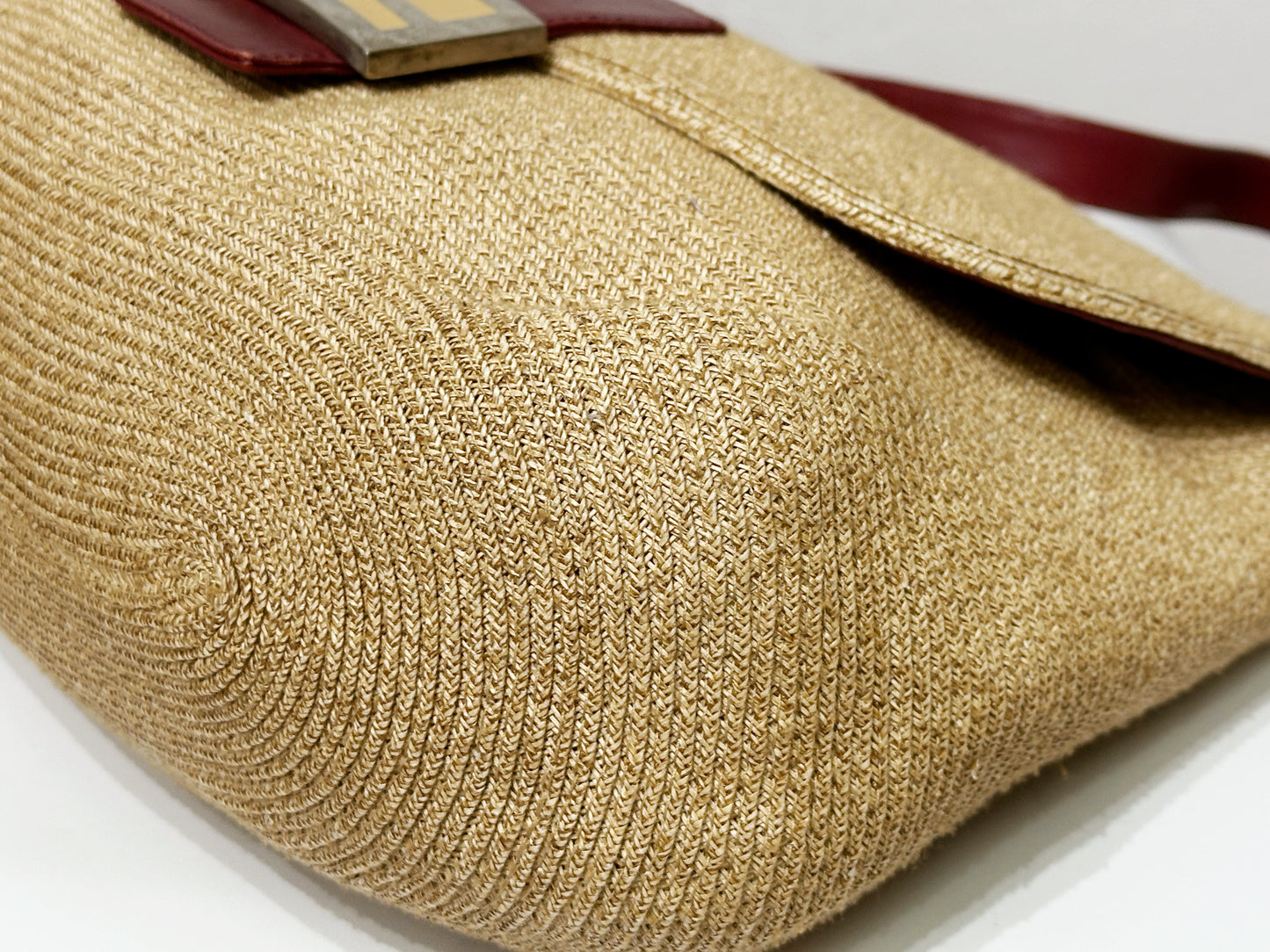 Fendi Mamma Baguette Raffia Straw Shoulder Bag Red Leather Strap