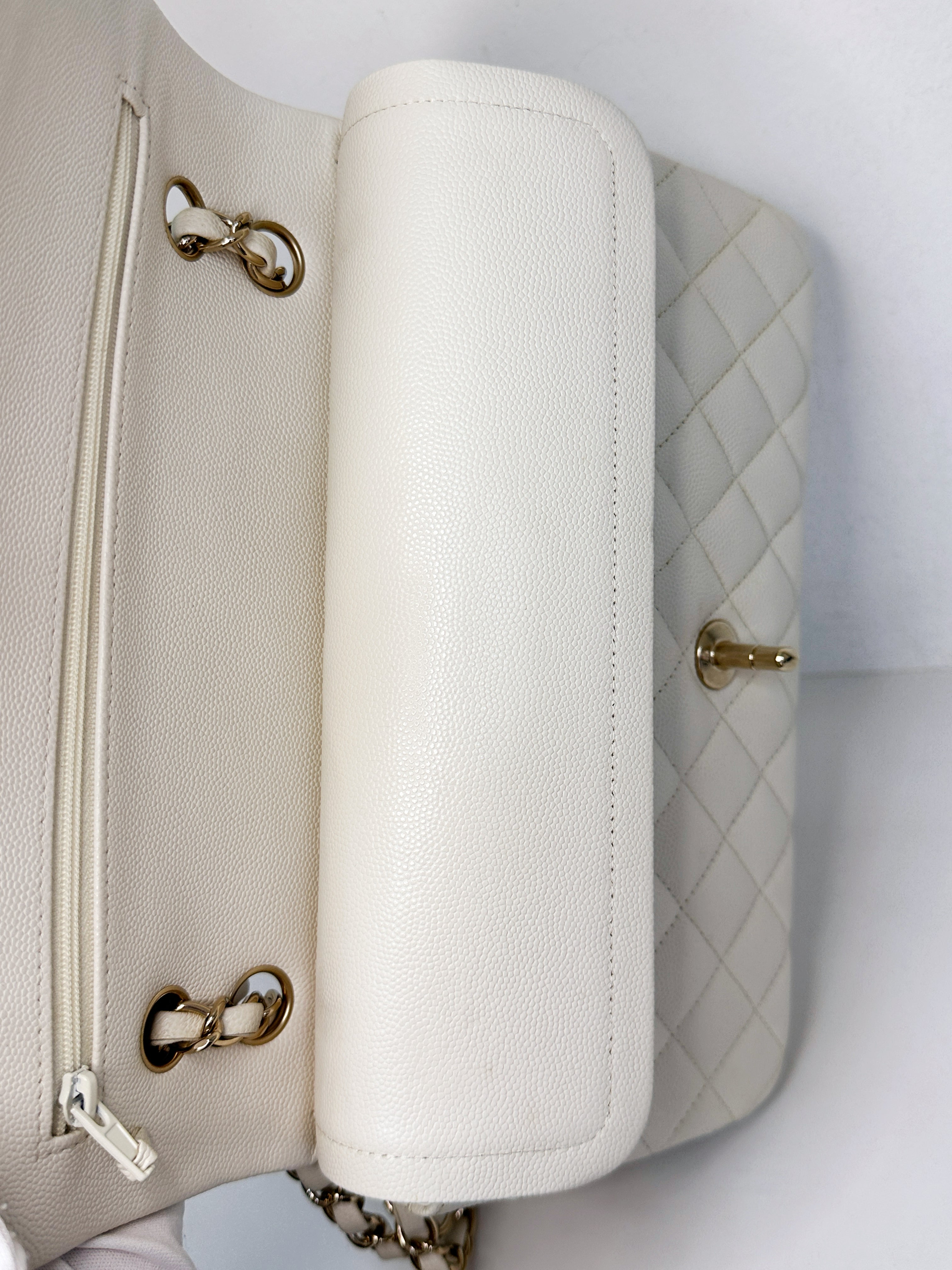 Chanel Medium Caviar Classic Quilted Double Flap White Light Beige Bag LGHW L45J microchip