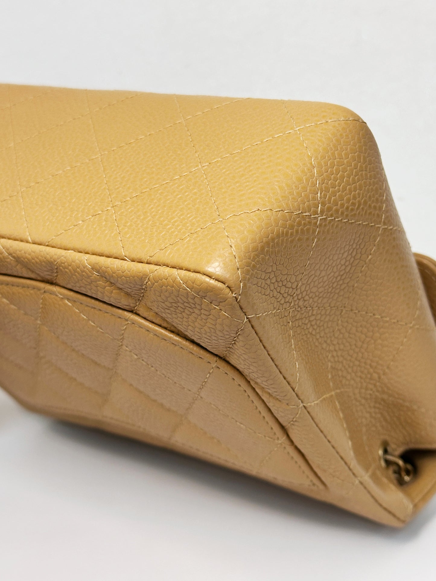 Chanel 24K Gold Mini Square Caviar Classic Flap Chain Shoulder Bag Beige GHW 84 holo card