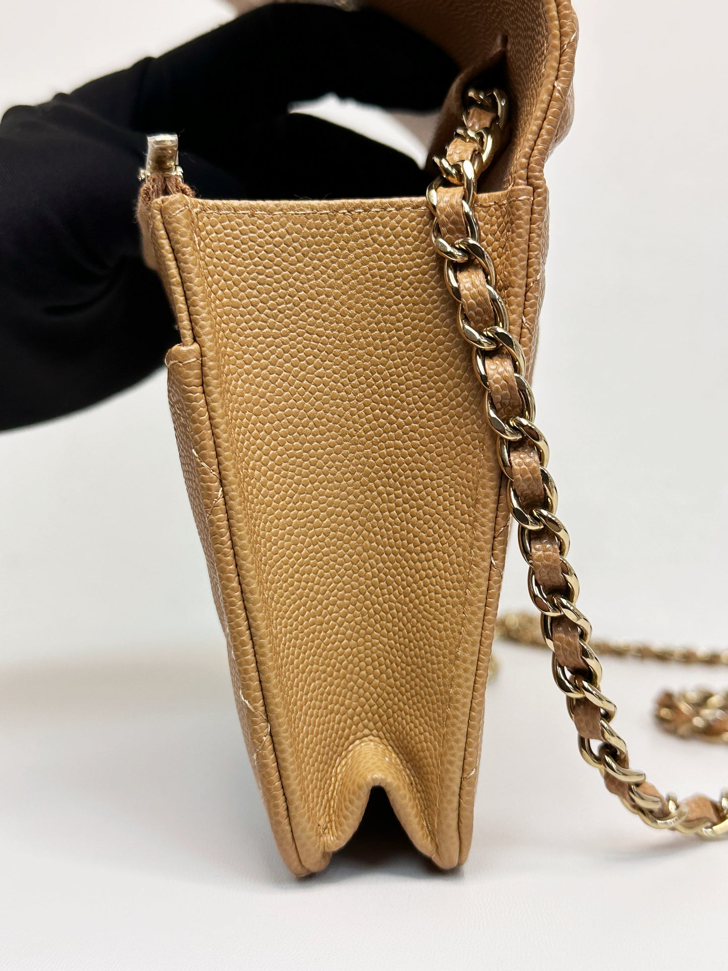 Chanel 23P Caramel Dark Beige Caviar Classic Quilted Wallet on chain LGHW UK27 microchip