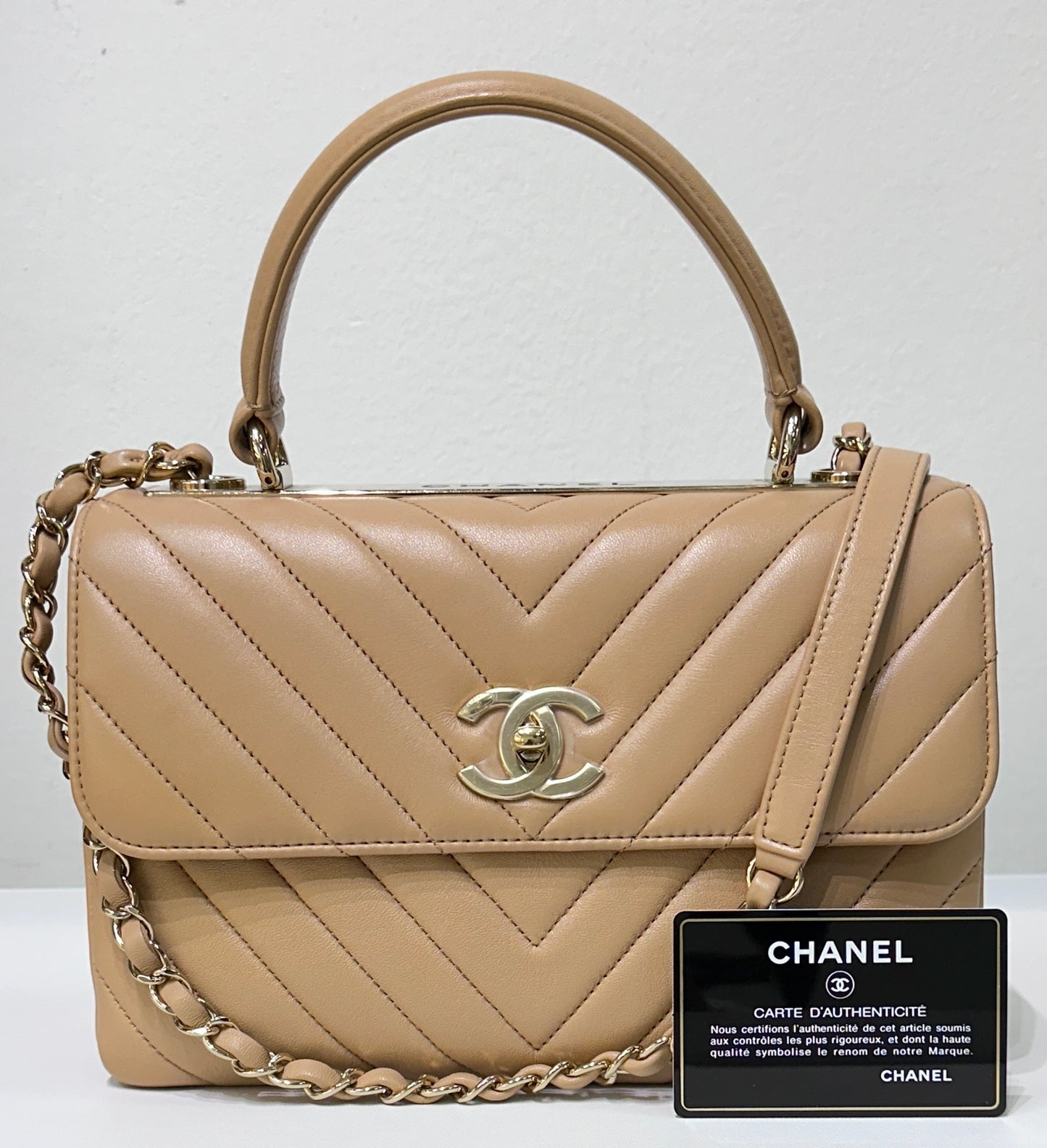 Chanel Lambskin Chevron Quilted Medium Trendy CC Dual Handle Flap Bag Beige