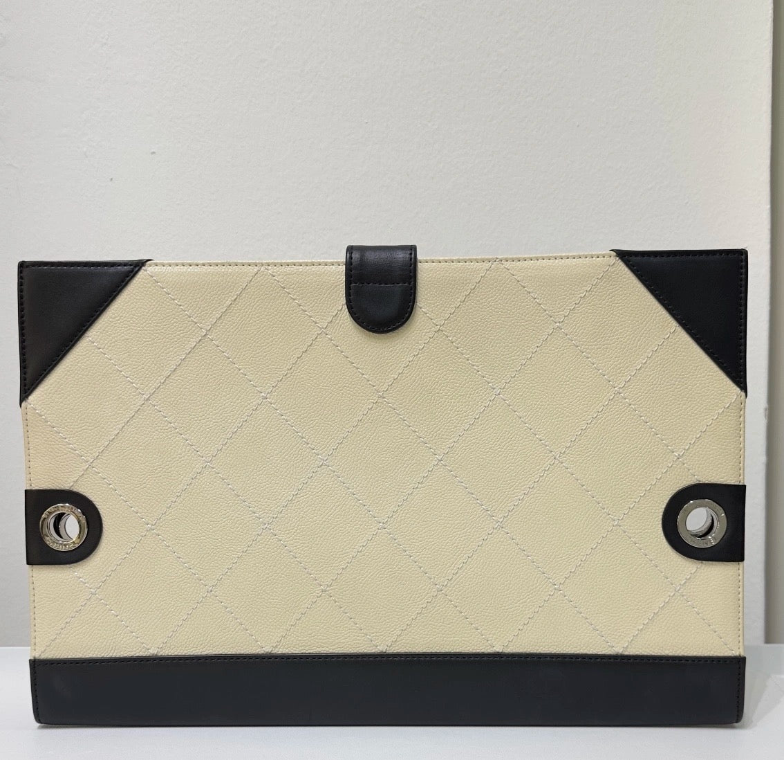 Chanel Medium Off White/Black Quilted Leather Drawing Portfolio Bag