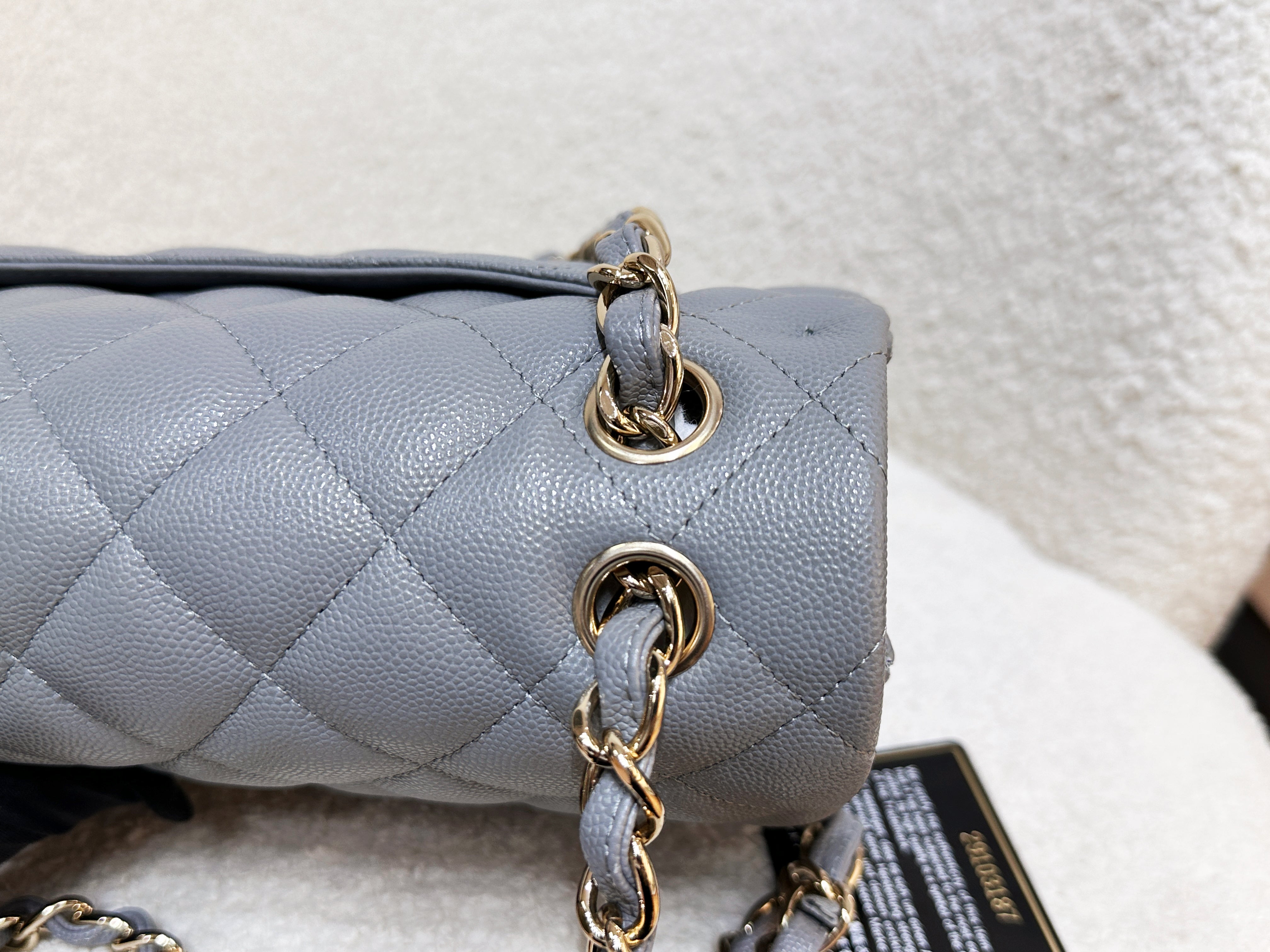 Chanel Jumbo Caviar Classic Quilted Double Flap Bag Light Grey LGHW 2910 holo card