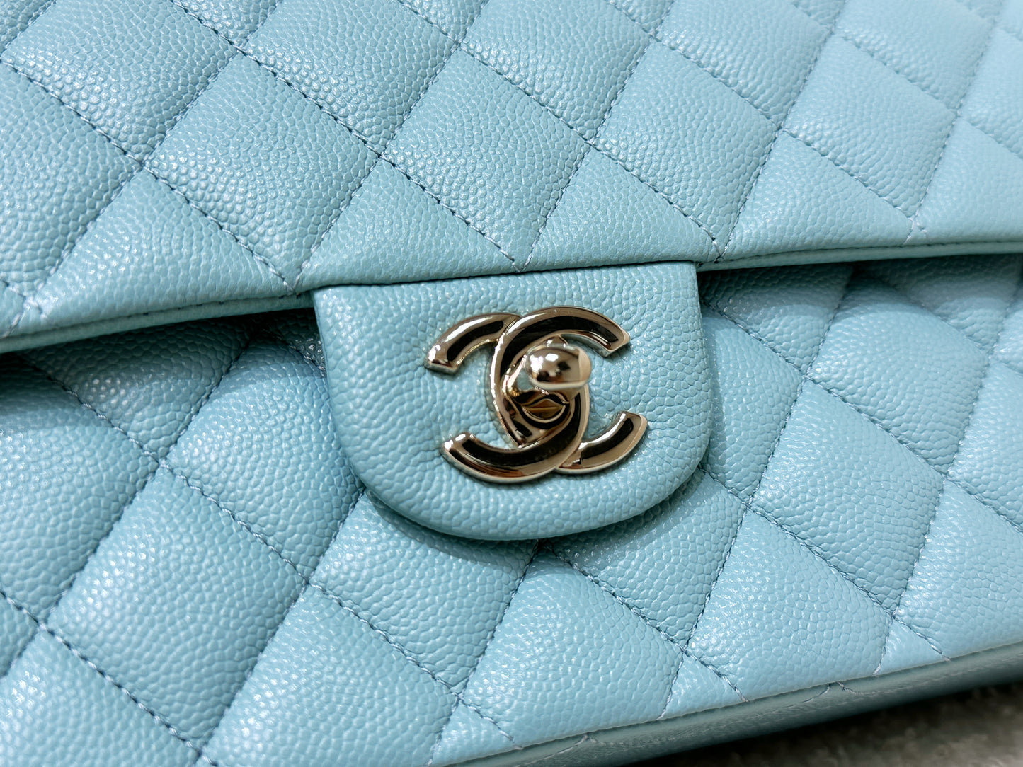 Chanel Classic Flap Medium 20C Tiffany Blue Caviar Light Gold Hardware 294 holo card