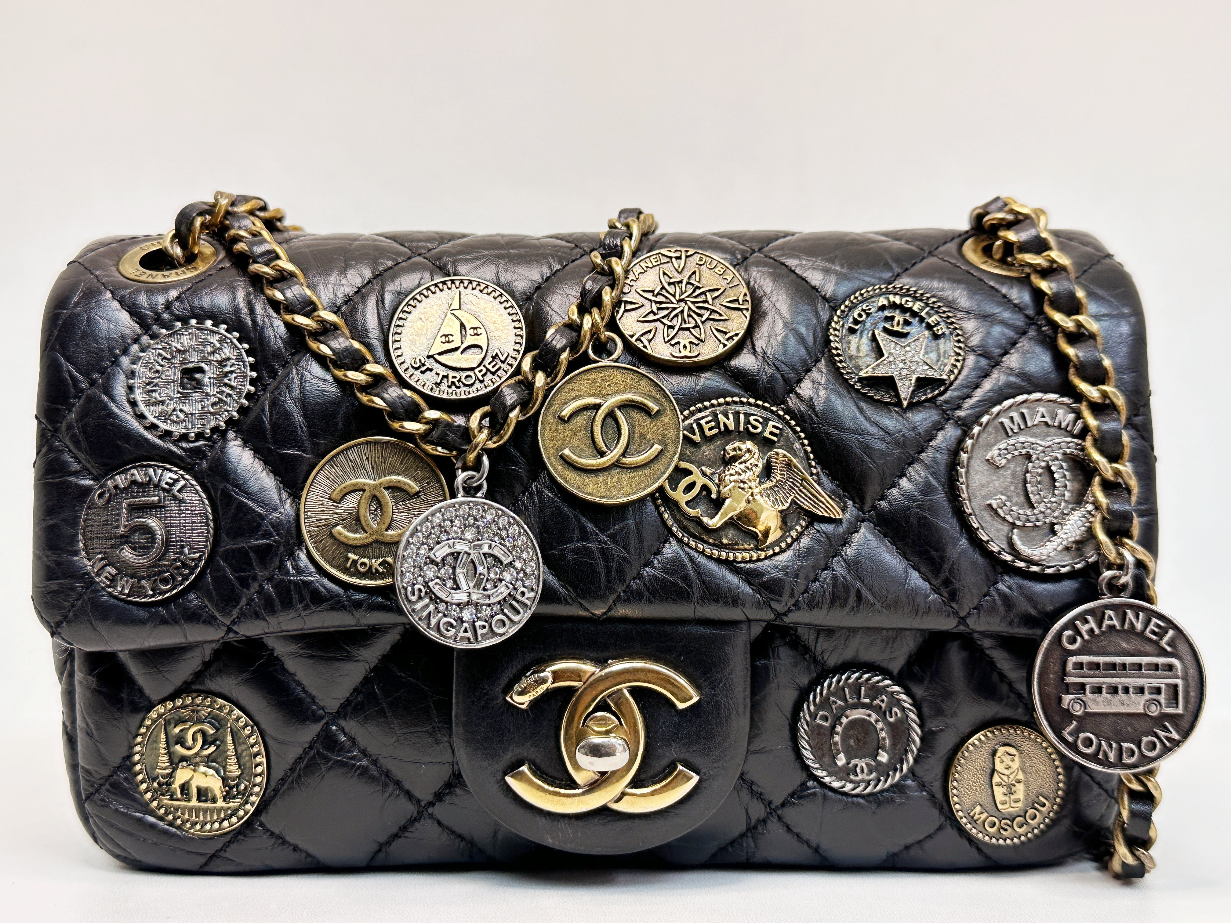 Chanel Mini Limited Edition Aged Calfskin Quilted Medallion Flap Black GHW 206 holo card