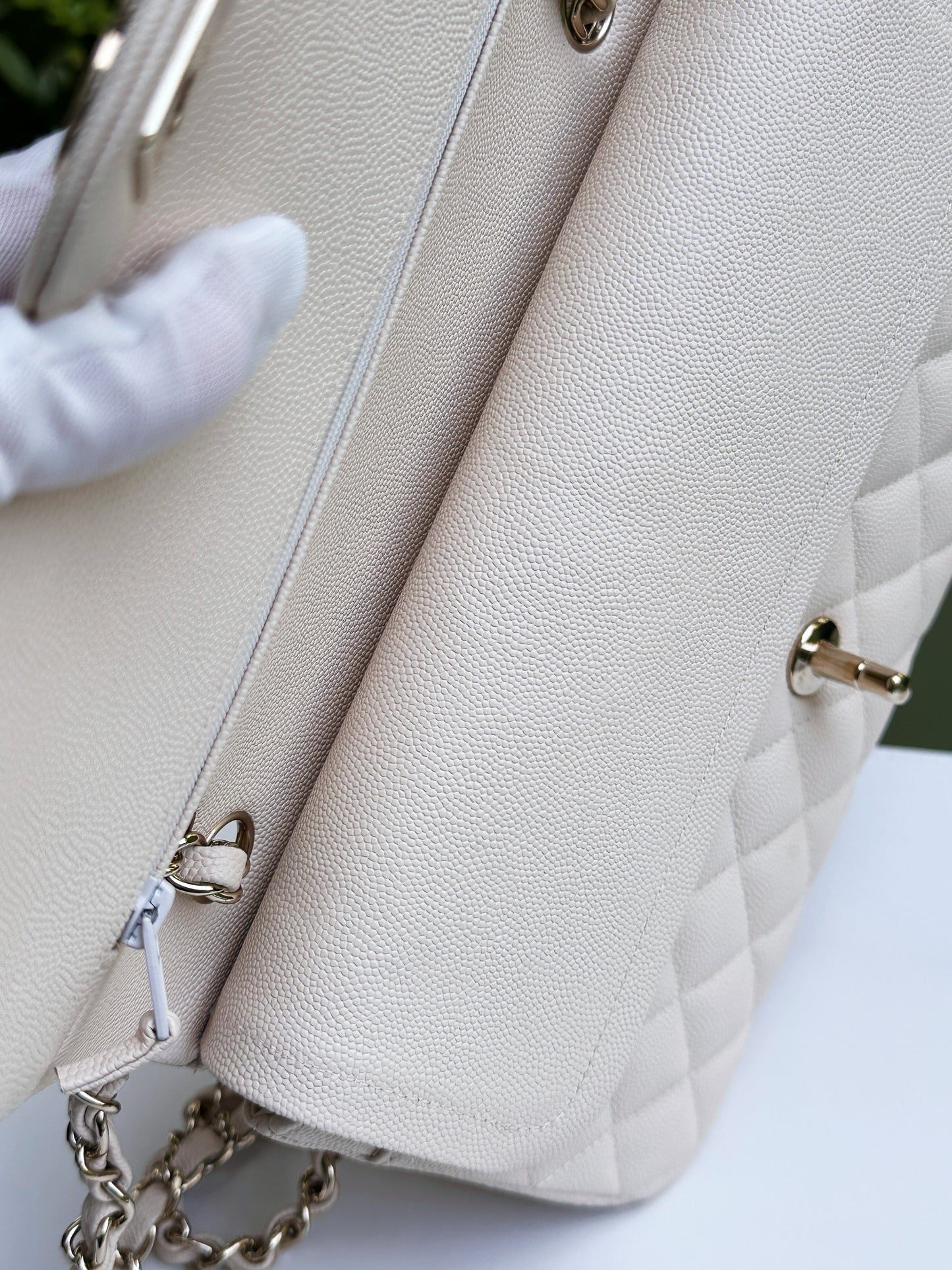 Chanel Medium Caviar Classic Quilted Double Flap Ivory Light Beige Bag LGHW