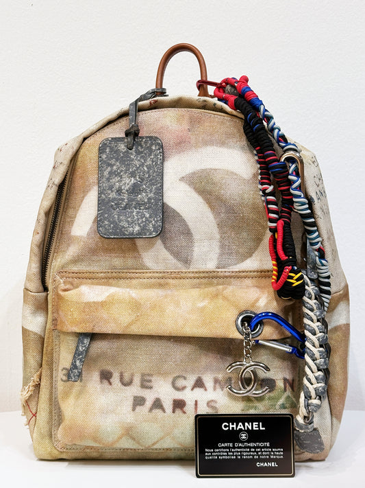 Chanel Graffiti Printed Canvas Medium Backpack Beige 1958 holo card
