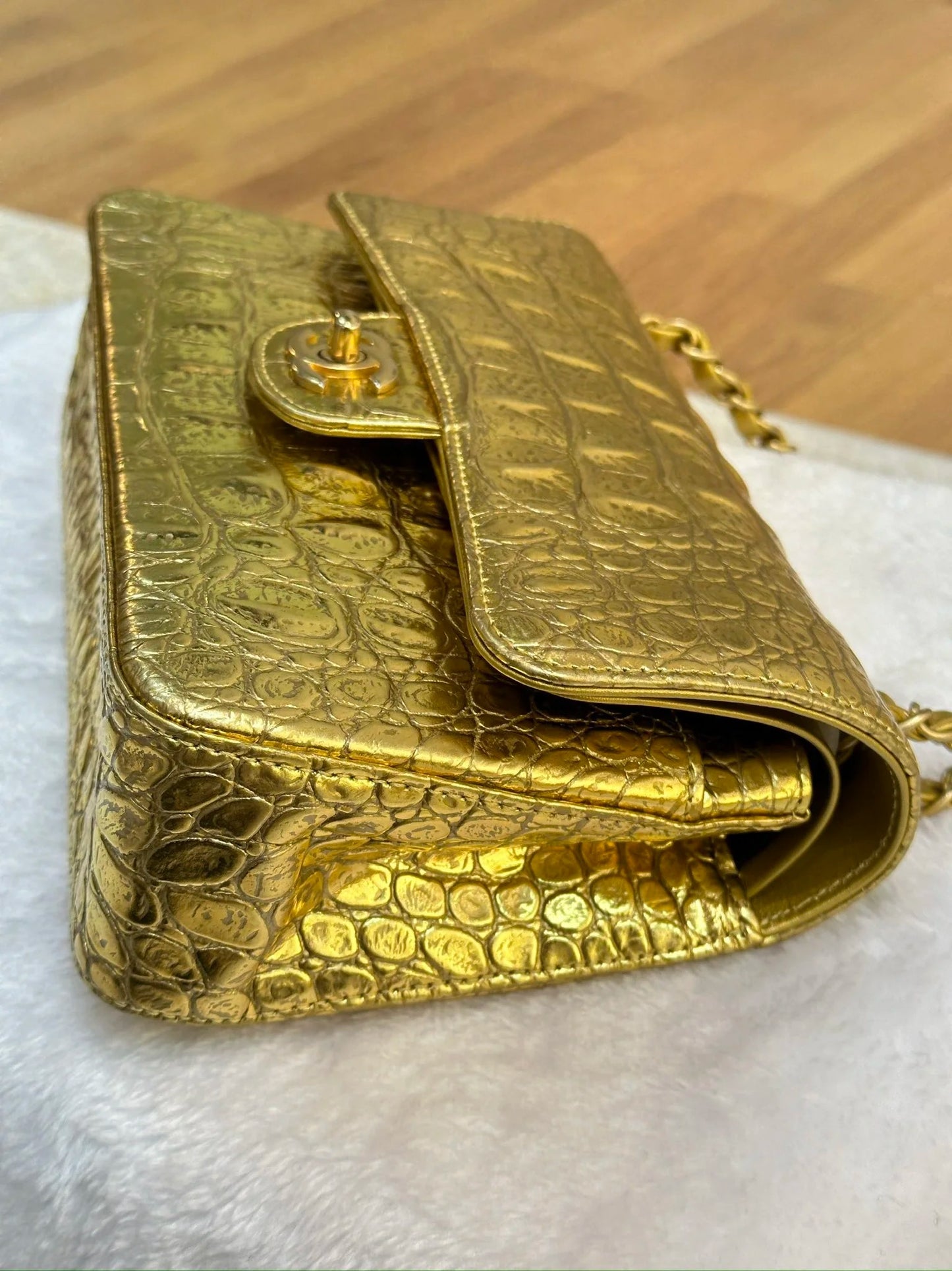 Chanel Small Calfskin Crocodile Embossed  Gold Metallic Flap Bag