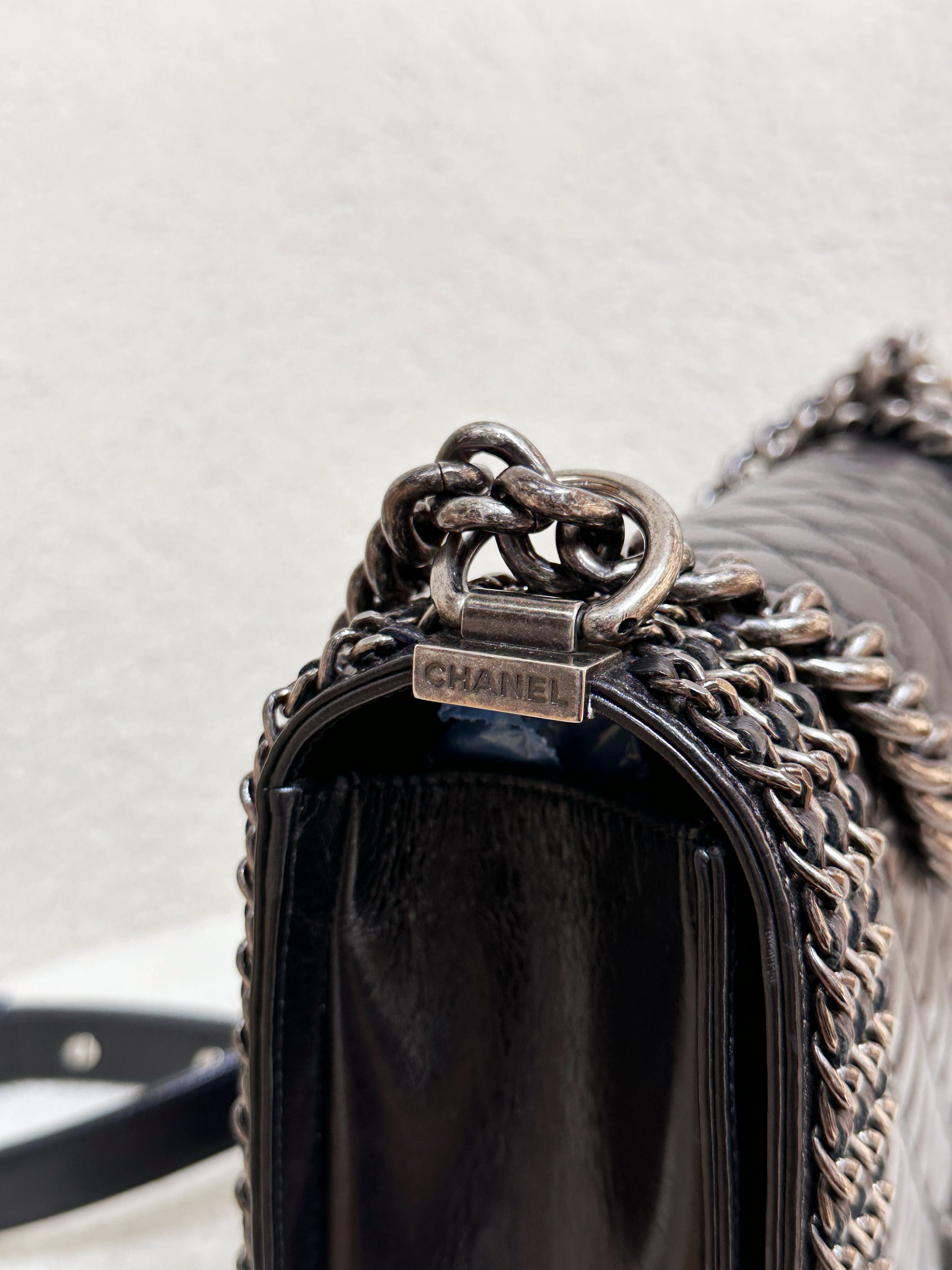 Chanel Boy Black Leather Chain Shoulder Bag 2099 holo card