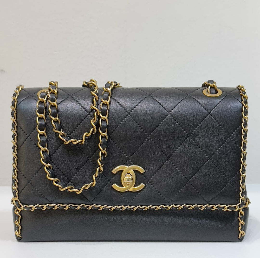 Chanel Small Black Quilted Calfskin Chain Around Single Flap GHW 2021year