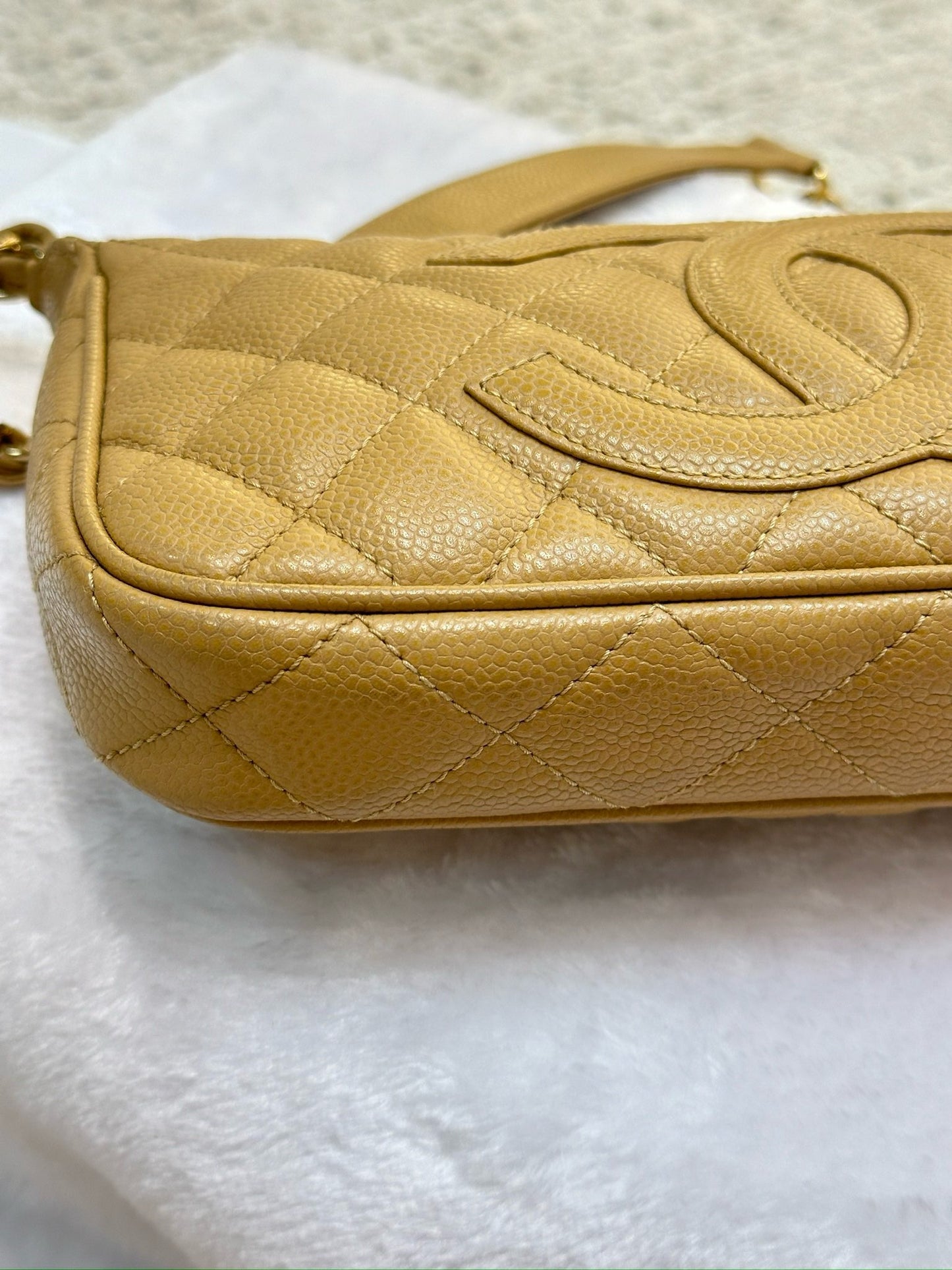 Chanel Small Caviar Quilted Pochette Shoulder Bag Beige GHW