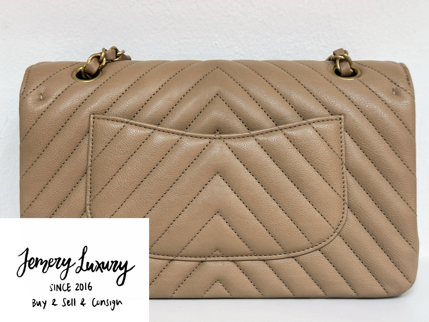 Chanel Calfskin Chevron Quilted Medium Double Flap Beige 2383 holo card