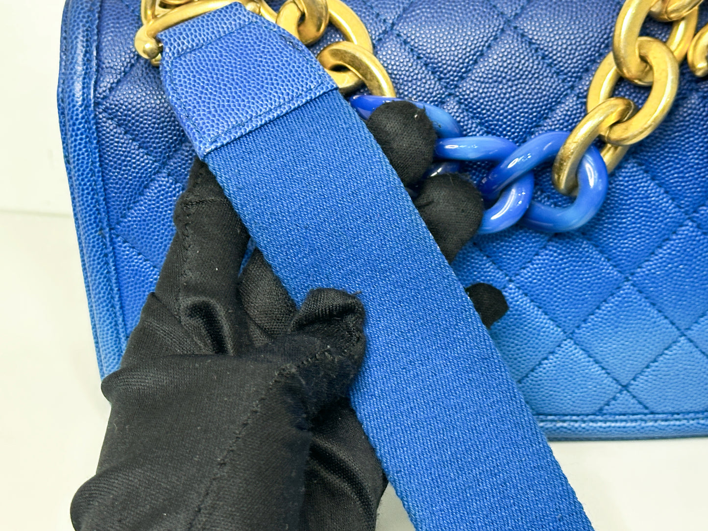 CHANEL Caviar Quilted Small Sunset On The Sea Flap Blue 2721 holo card