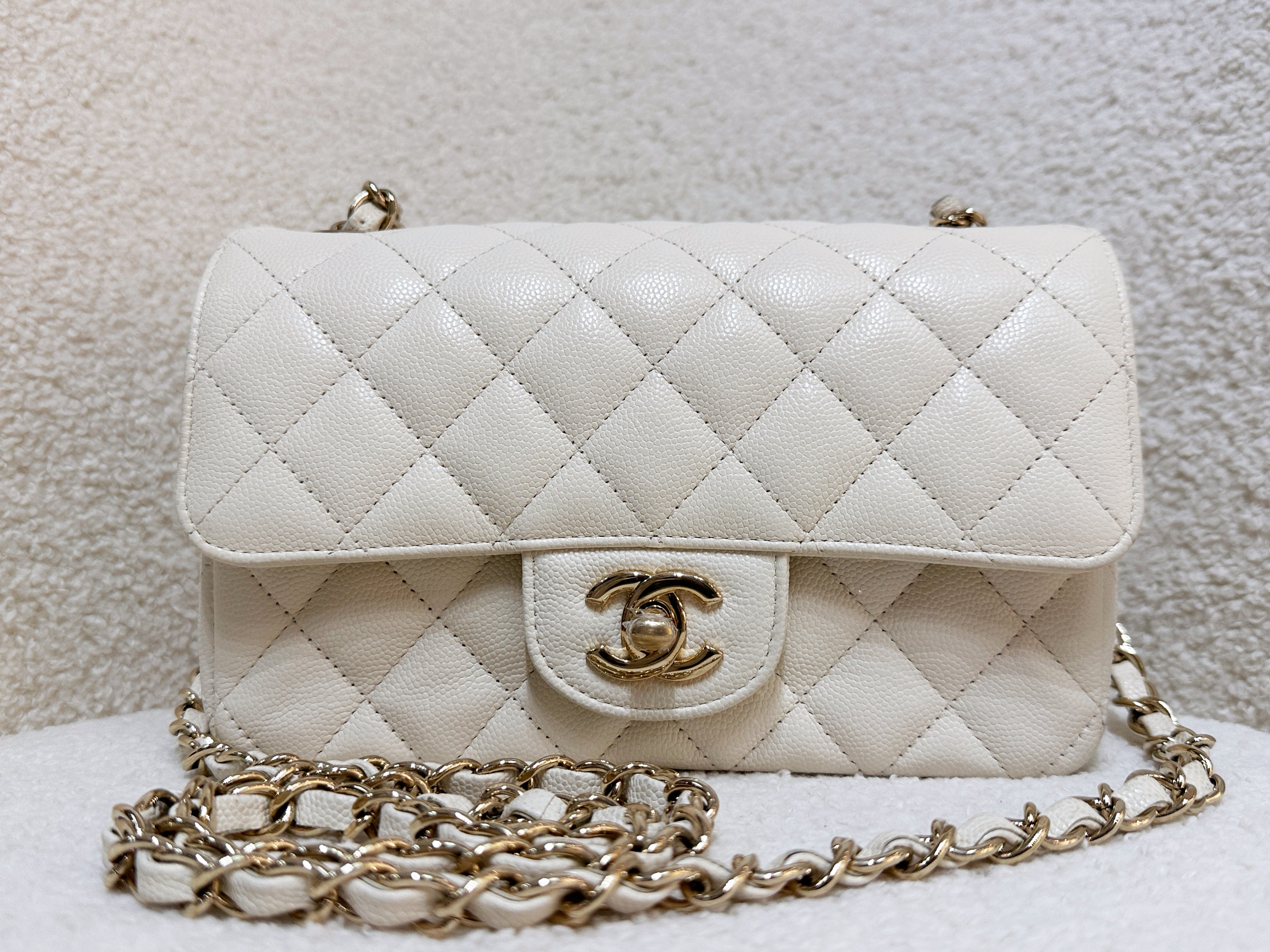 Chanel Mini Rectangular Classic Quilted Caviar Ivory 17C GHW 2383 holo card
