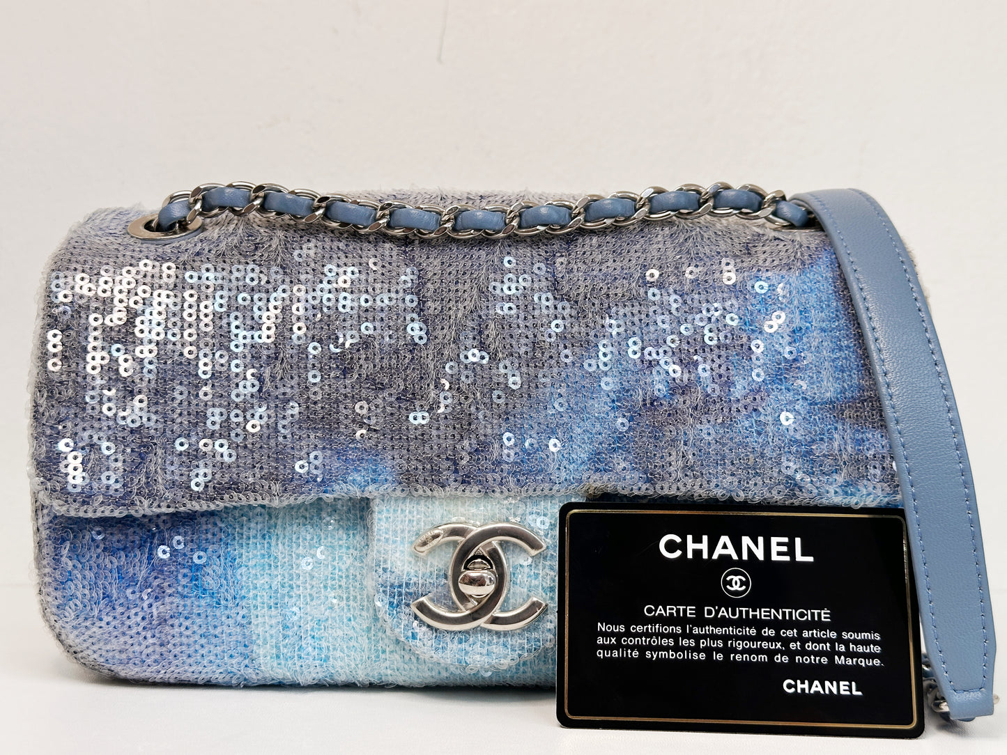 Chanel Sequin Mini Waterfall Light Blue Flap Bag 2590 holo card