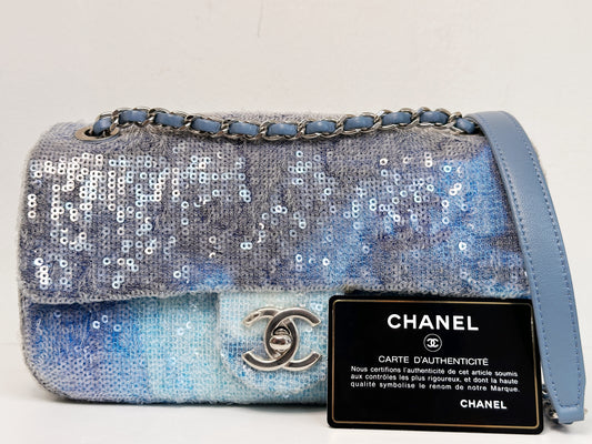 Chanel Sequin Mini Waterfall Light Blue Flap Bag 2590 holo card