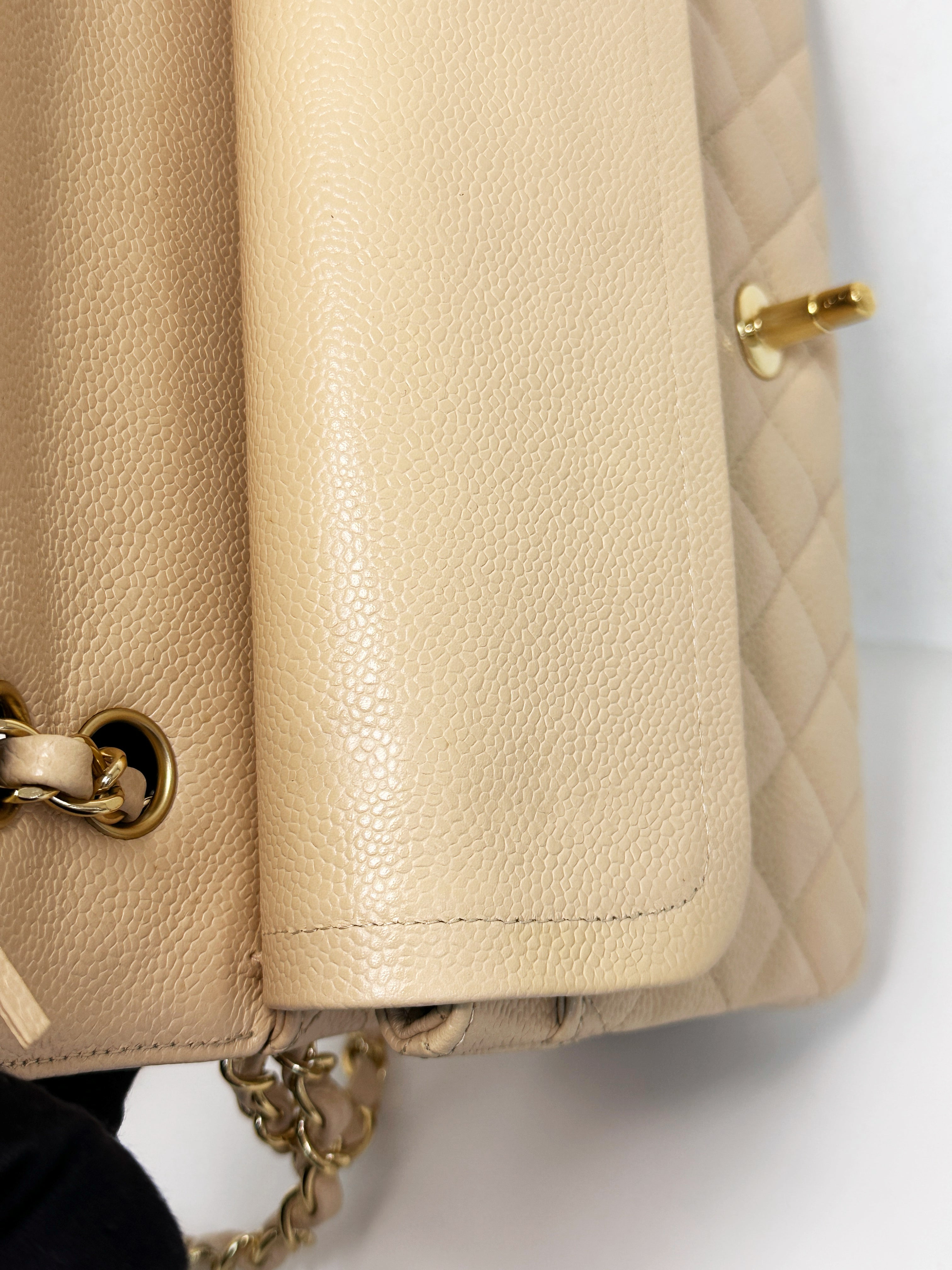 Chanel Medium Beige Classic Caviar Double Flap Bag GHW 2163 holo
