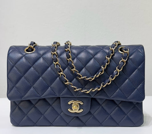 Chanel Medium Classic Caviar Double Flap Navy Blue Bag LGHW