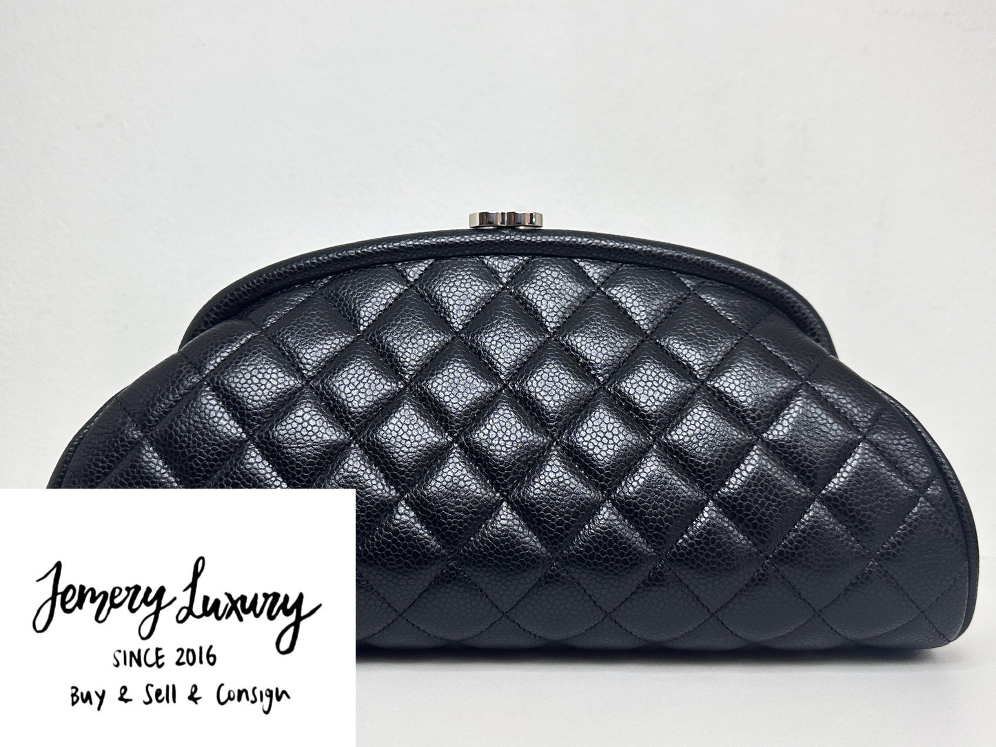 Chanel Quilted Timeless Kisslock Clutch Black Caviar SHW 1915 holo card