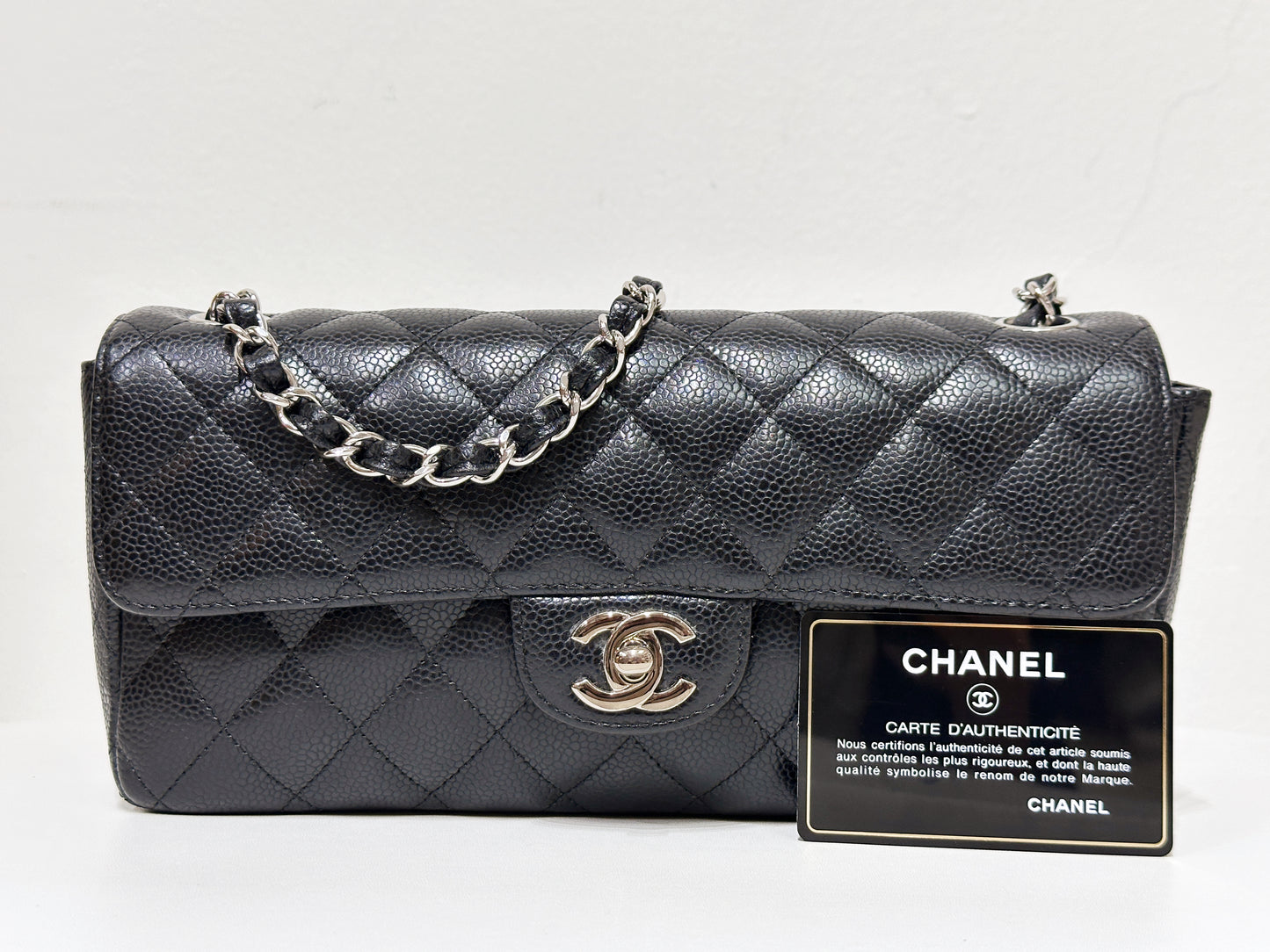 Chanel Caviar East West Flap Bag Black SHW 1172 holo card