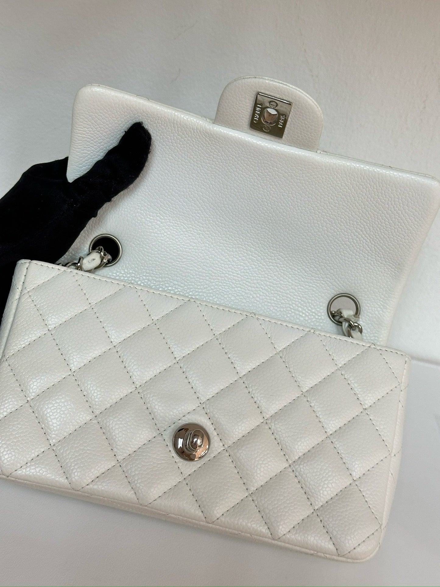 Chanel Mini Rectangular Caviar Classic White SHW 1877 holo card