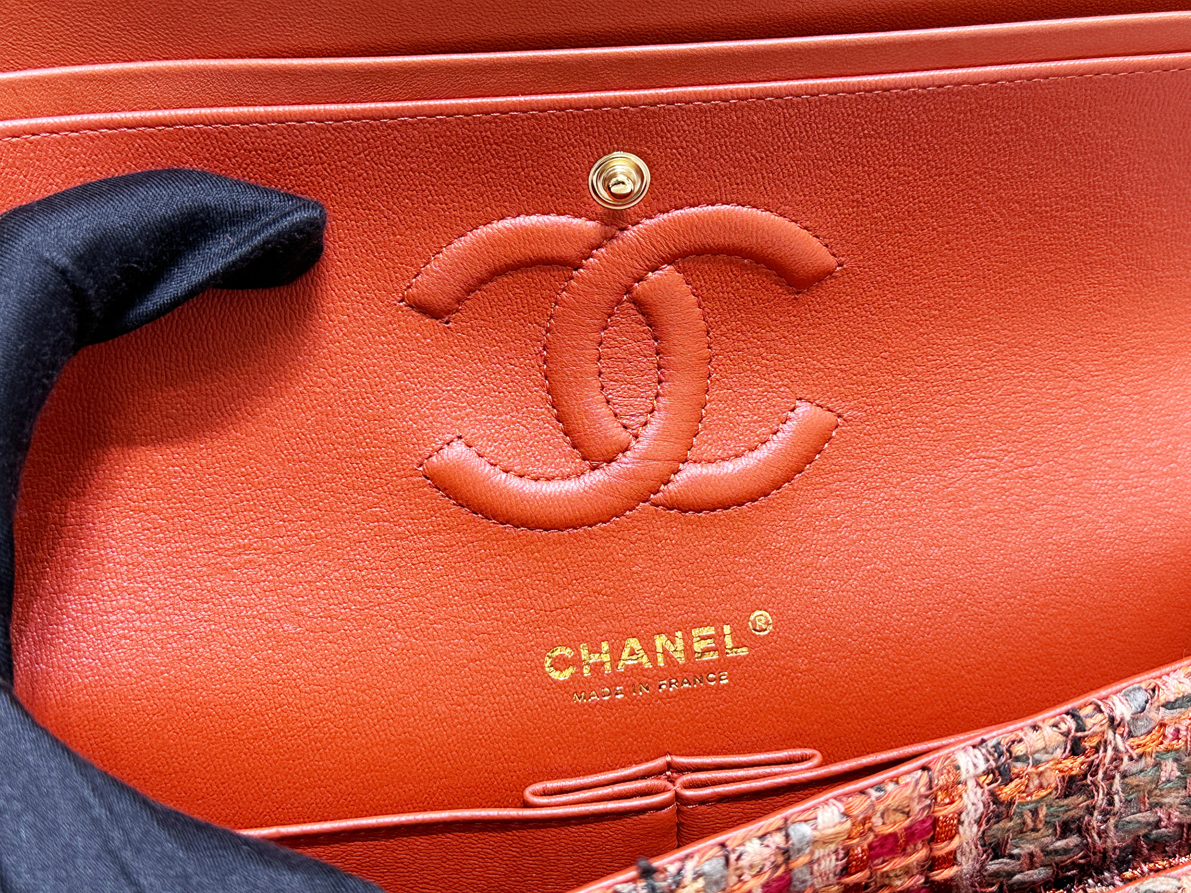 Chanel Tweed Quilted Medium Double Flap Bag Orange Multicolor K9J2 microchip