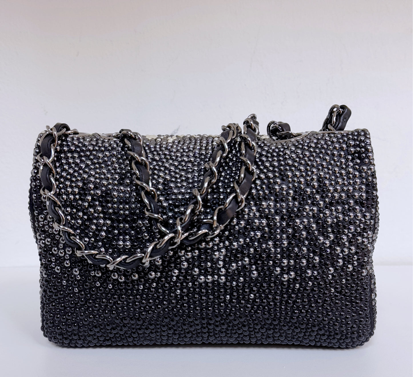 White, Grey and Black Imitation Pearls and Beads and Calfskin Embellished CC MiniClassic Single Flap Ruthenium Hardware, 2014