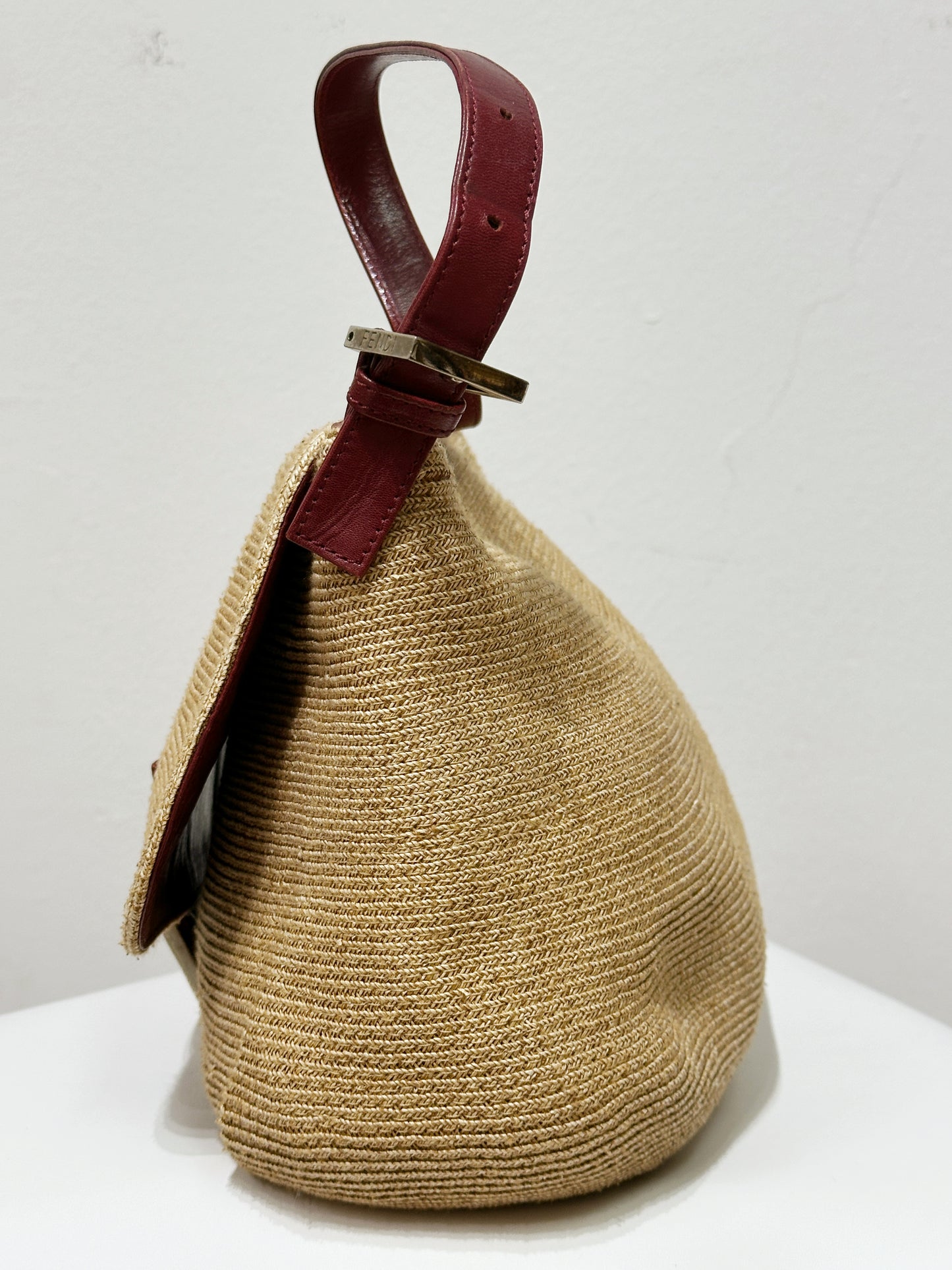 Fendi Mamma Baguette Raffia Straw Shoulder Bag Red Leather Strap