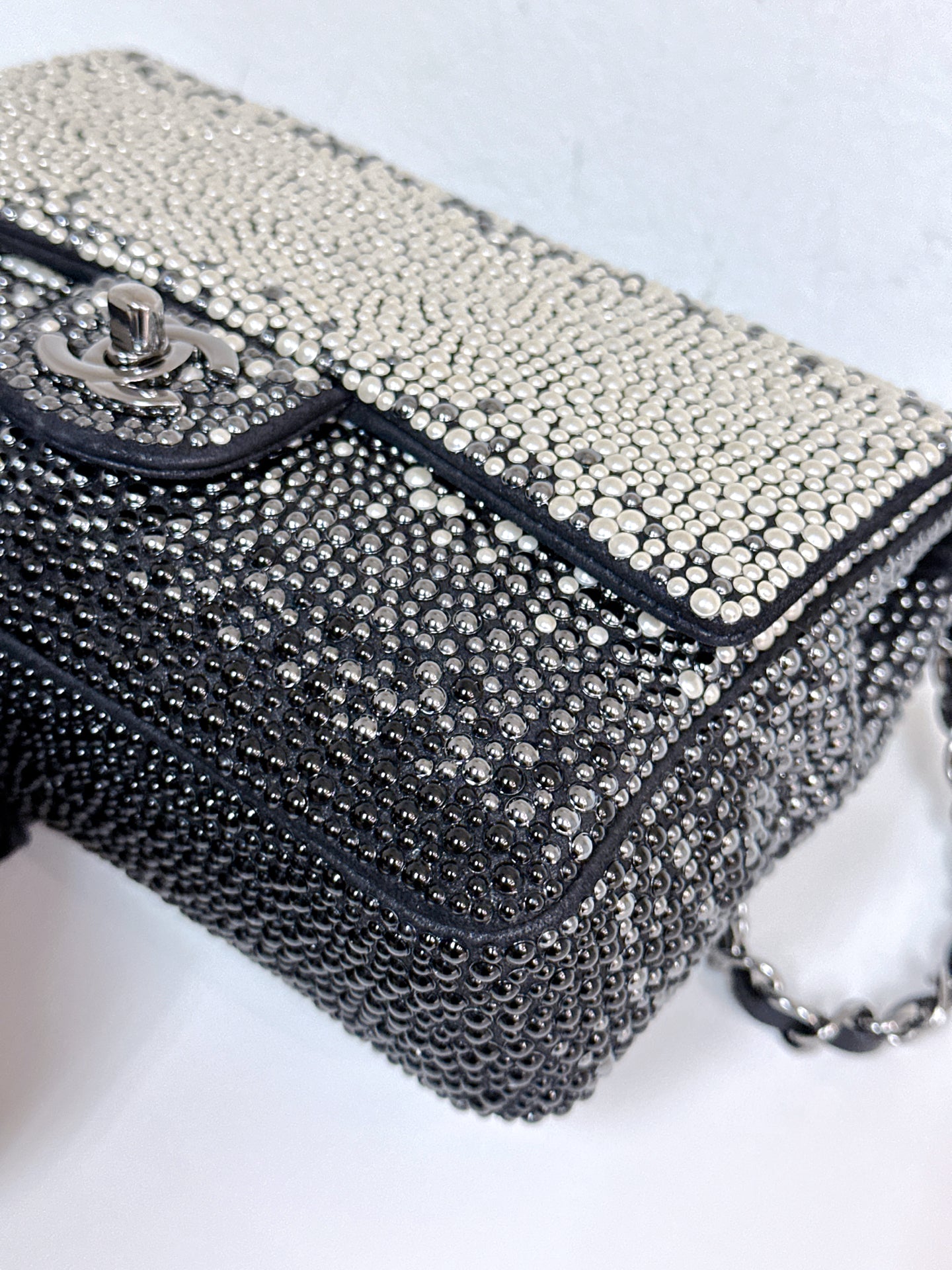 White, Grey and Black Imitation Pearls and Beads and Calfskin Embellished CC MiniClassic Single Flap Ruthenium Hardware, 2014