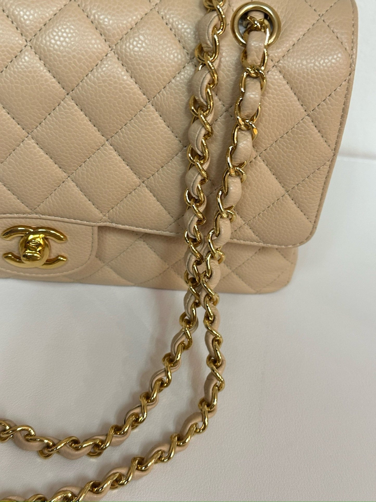 Chanel Medium Beige Classic Caviar Double Flap Bag GHW 1598 holo card