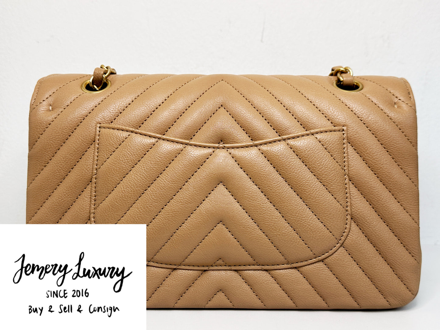 Chanel Calfskin Chevron Quilted Medium Double Flap Beige 2383 holo card