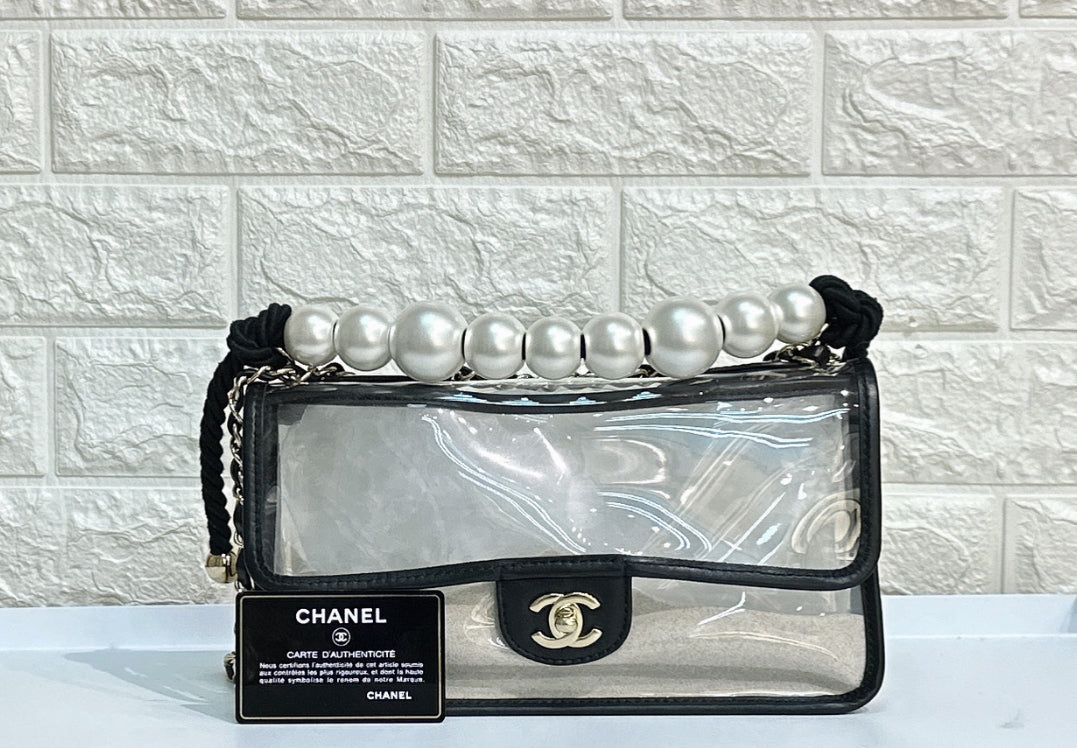 CHANEL Lambskin PVC Sand By The Sea Flap With Pearl Strap Black